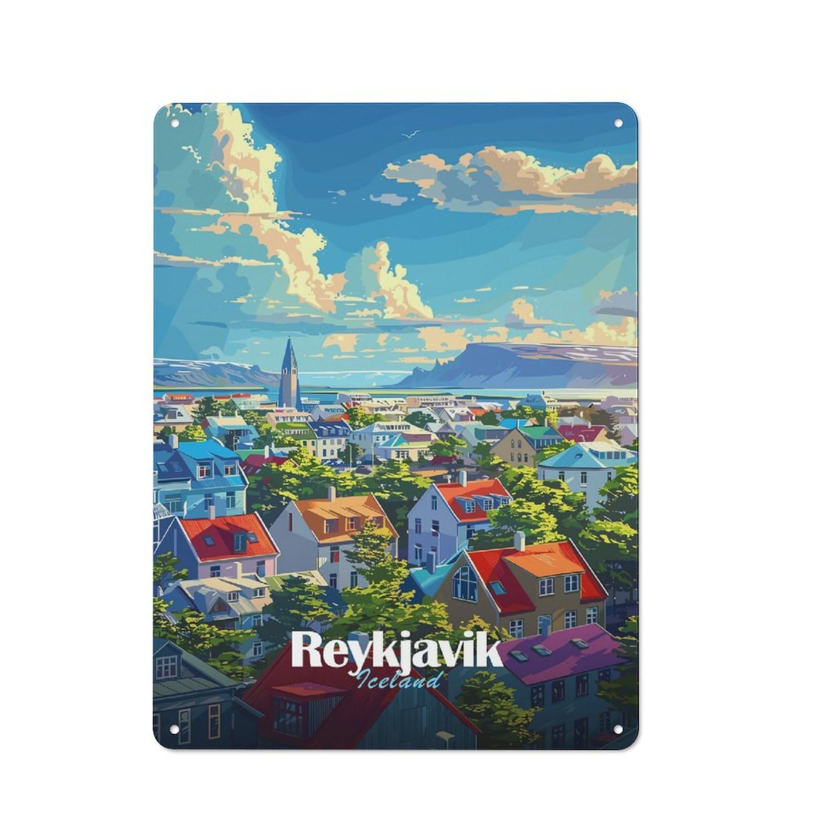 Junmoney Style-7 Reykjavik Cityscape Vintage Metal Sign 40X30cm, Vintage Bistro Wall Plaque For Coffee Bar, Small Shop Or Dining Room