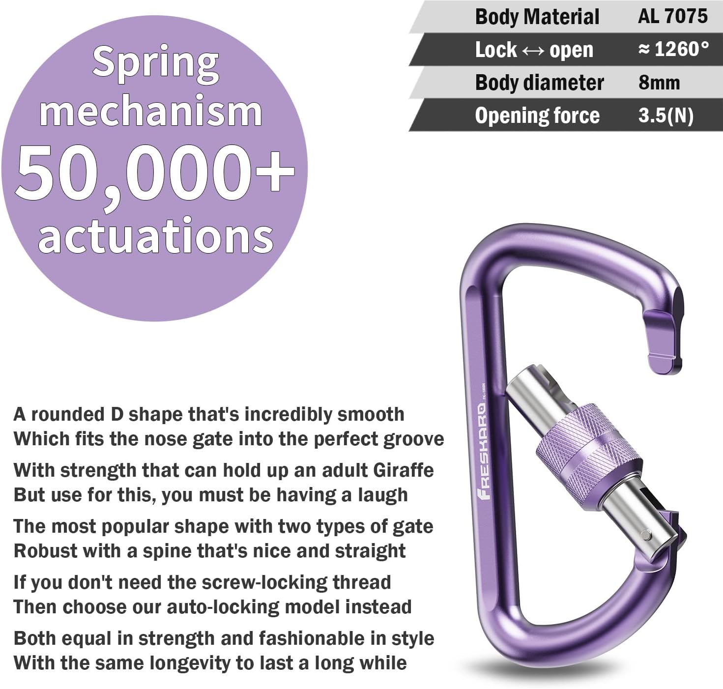 FresKaro 12kN スクリューゲートロックカラビナクリップ 3インチ D型カラビナ 2個 丈夫で軽量 7075 航空機 アル