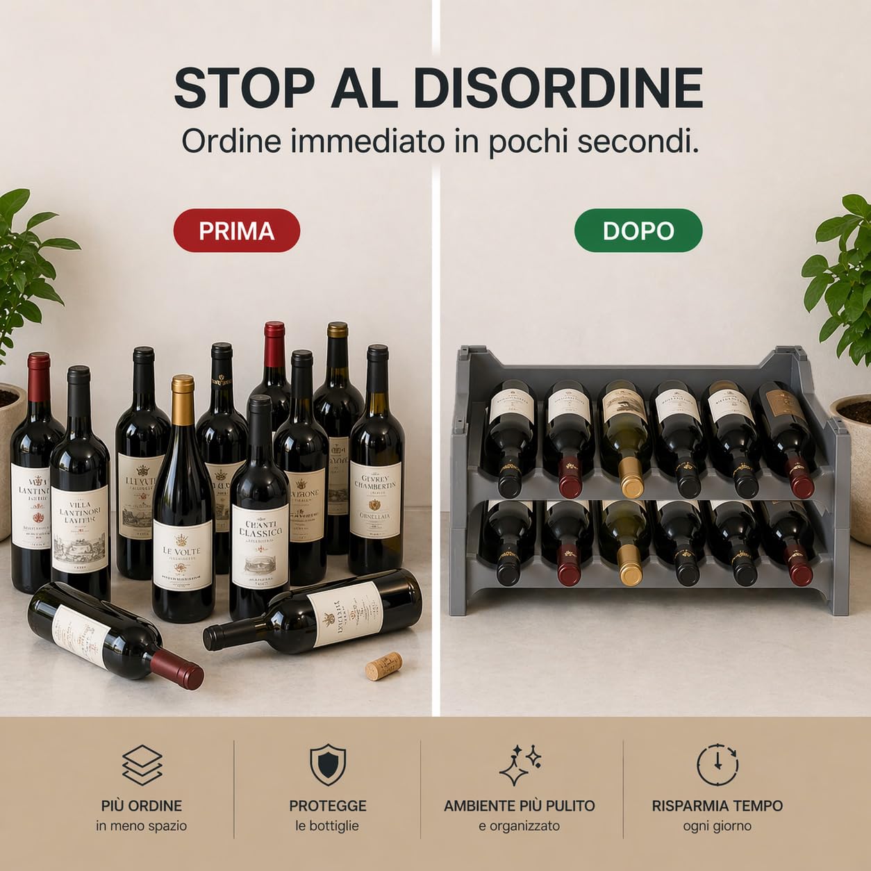 Set Cantinetta Vino Portabottiglie - in Plastica, Eleganti, Impilabili, Lavabile, Modulare, Organizzare e Valorizzare la Tua Collezione, Soluzioni Pratiche, Decorative - (6, Argento)