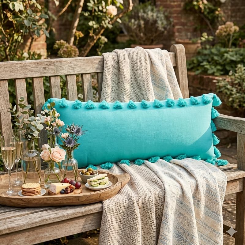 Image of WWW.THROWPILLOW.IN Caribbean Blue Green Big FullerTassels Trim Throw Pillow Cover, Solid Decorative Coastal Chic Accent Pillow for Sofa, Bed, Dorm Room Rectangular Full Body Bed Pillow 12x36 Inches