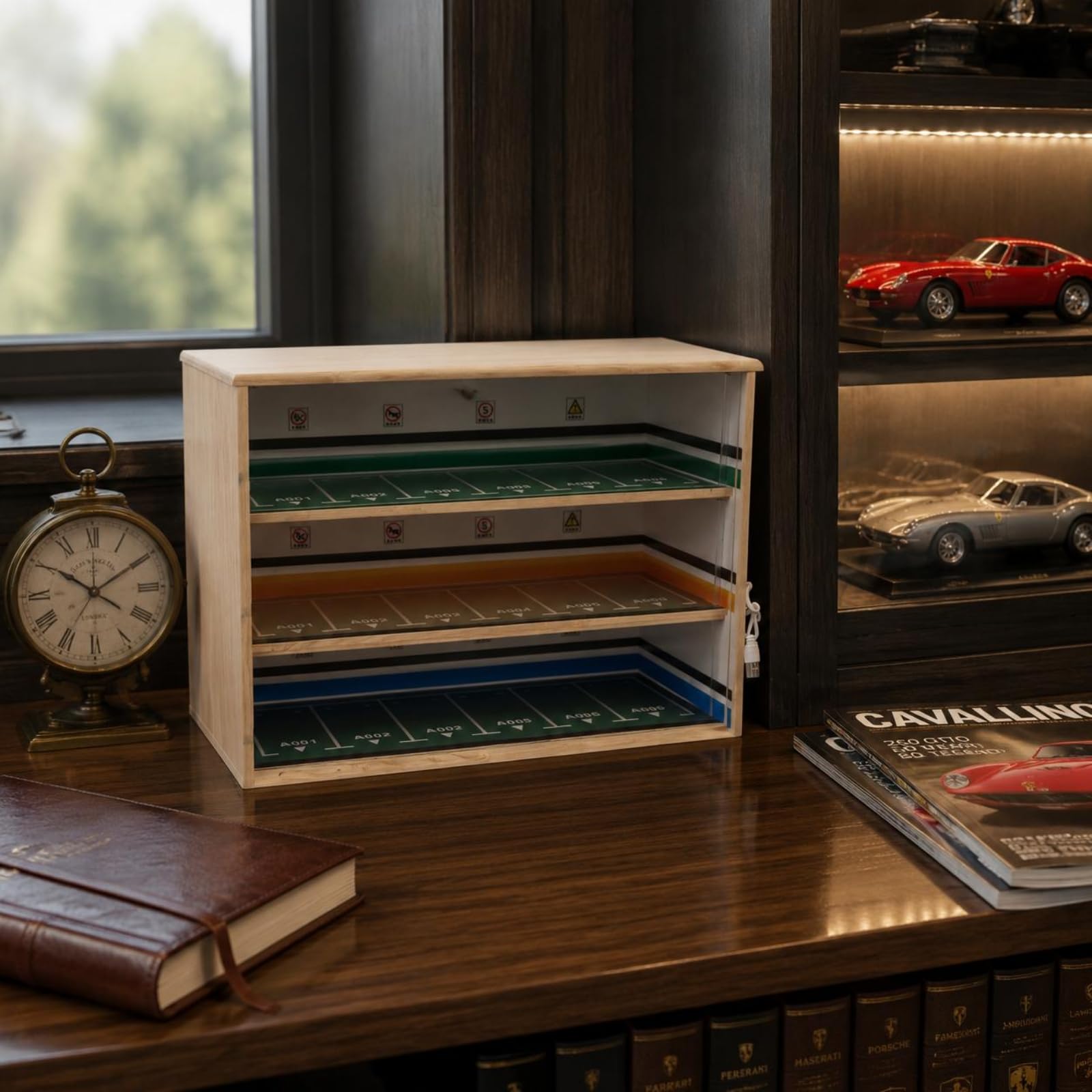 Milageto Vitrina Coches Escala Rectangular Expositor Triple Niveles Transparencia Alta Almacenaje , Madera , Modelo Regular De Madera Maciza