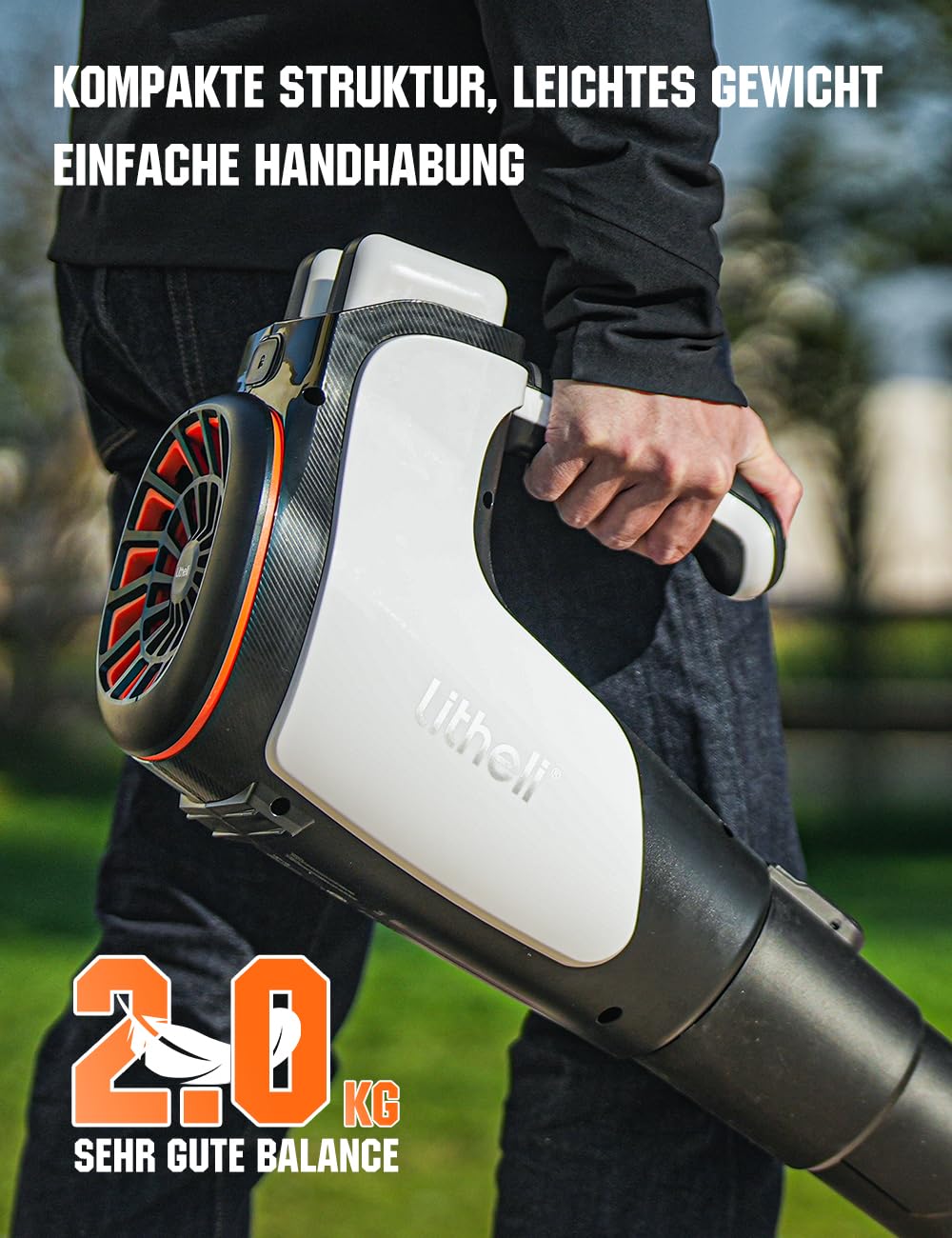Litheli Laubbläser Akku, 2×4.0 Ah Akkus, 180 km/h, 973 m³/h, für Garten