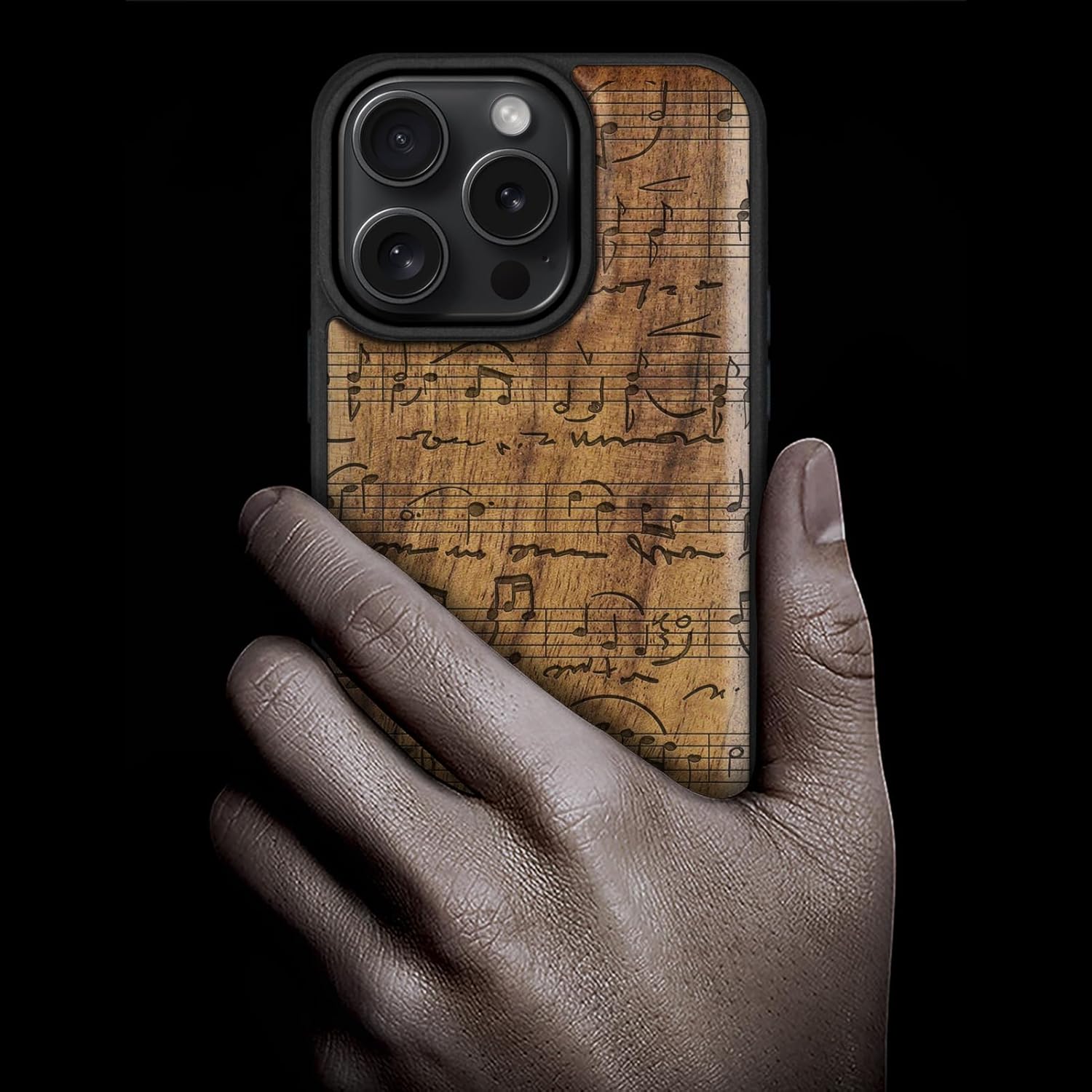 Carveit Magnetic Wooden Case for iPhone 16 Pro Case, Wood Artisan Engraved & Black Soft TPU Shockproof Cover, Compatible with MagSafe Wireless Chargers (Sheet Music) Walnut