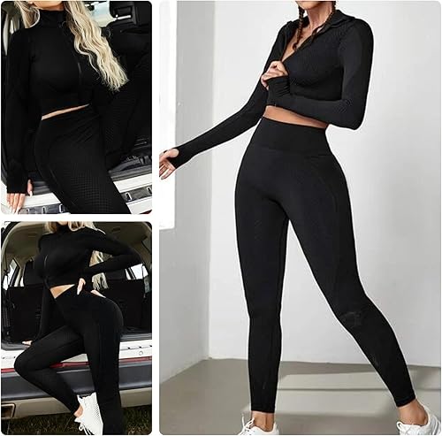 Miniatura 2 de FeelinGirl Conjuntos de entrenamiento para mujer, 2 piezas, sin costuras, para yoga, leggings de cintura alta, conjuntos de gimnasio