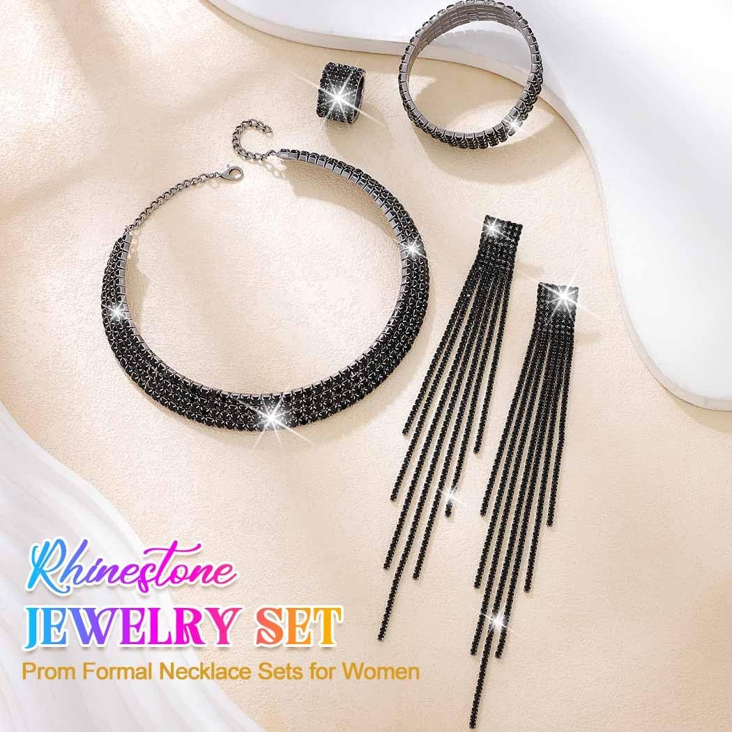 Unicra Rhinestone Bridal Wedding Jewelry Sets Silver Choker Necklace Earrings Bracelet Ring Set Prom Formal Costume Jewelry Set for Women and Brides - Image 2