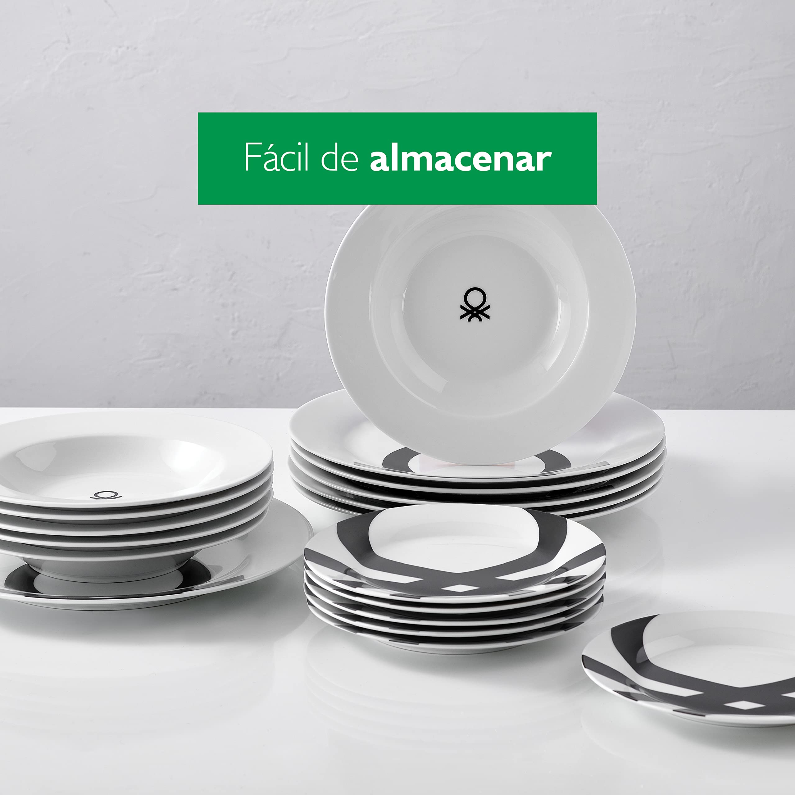 UNITED COLORS OF BENETTON. BE107 Set 18pcs vajilla Porcelana diseño Logo Estampado Negro Casa Benetton