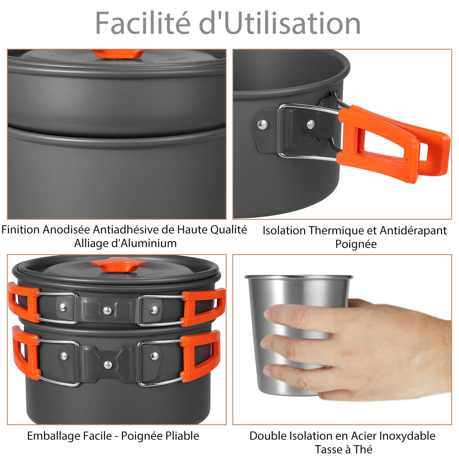 Accessoire Camping, HOMGEN Multi-PCS Kit de Casseroles Camping Légère pour 2 à 3 Personnes Ustensiles de Cuisine de Camping en Aluminium Durable pour Randonnée Camping Pêche