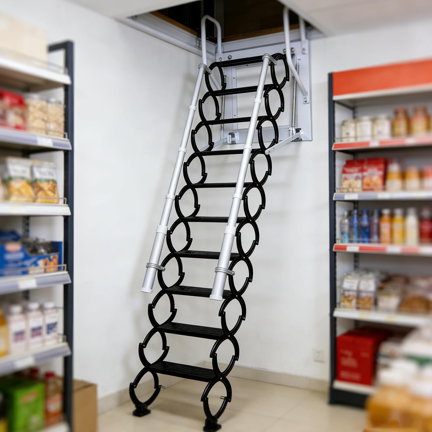 Wall-Mounted Folding Stairs, Folding Loft Staircase with Handrails,Telescoping Attic Ladder with Pull Down System, 10 Steps Attic Stairs, Home Indoor Outdoor Attic (Black, 10 Steps)