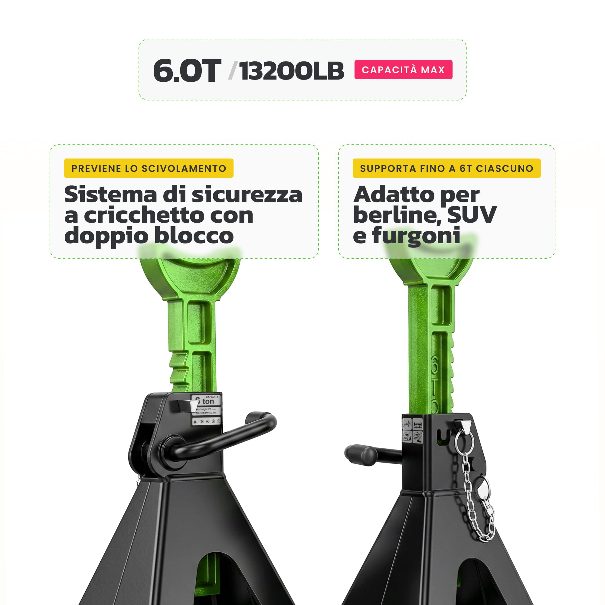 Cavalletti di supporto per auto 6 tonnellate, cavalletto per cric stabilizzante, confezione da 2, per auto solleva fino a 6 tonnellate, per un totale di 6 tonnellate