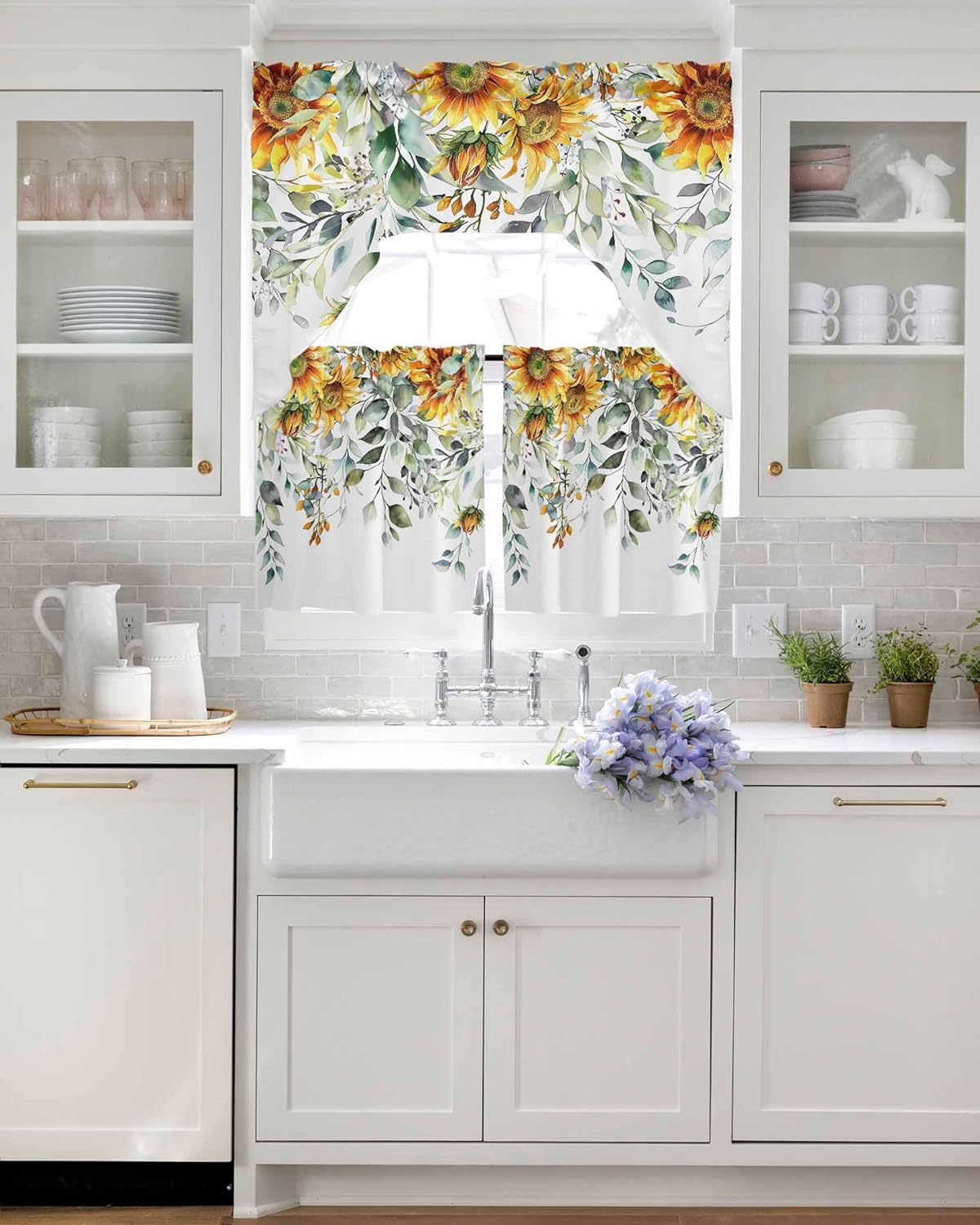 Kitchen Curtains Sets 36 Inch Length with Valance, Yellow Flower Sage Green Eucalyptus Leaves Swag Valances for Windows and Tiers Curtain Set, Rod Pocket Sunflower Drapes for Living Room, Cafes