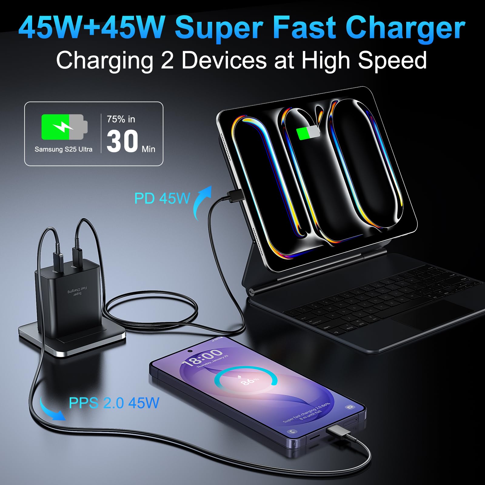 Super szybka ładowarka USB-C 45 W, ładowarka 2-portowa typu C 45 W, blok szybkiego ładowania z kablem USB C 10 stóp do Samsung Galaxy S25 Ultra/S25+/S25/S24/S23 Ultra/S23+/S22