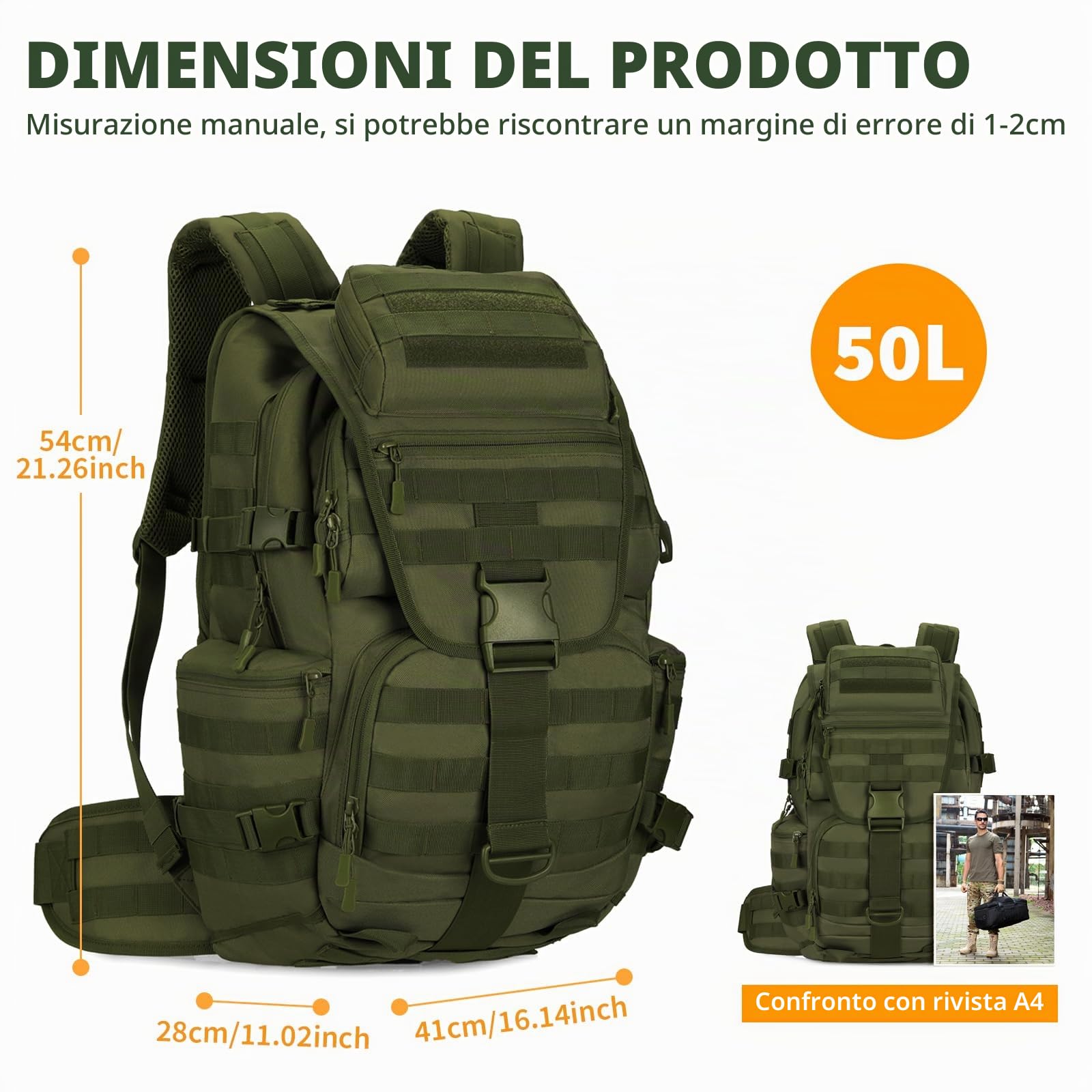 HUNTVP Zaino Militare 50L Zaino Tattico 50L MOLLE Viaggio Impermeabile per Uomo Donna Campeggio Escursionismo
