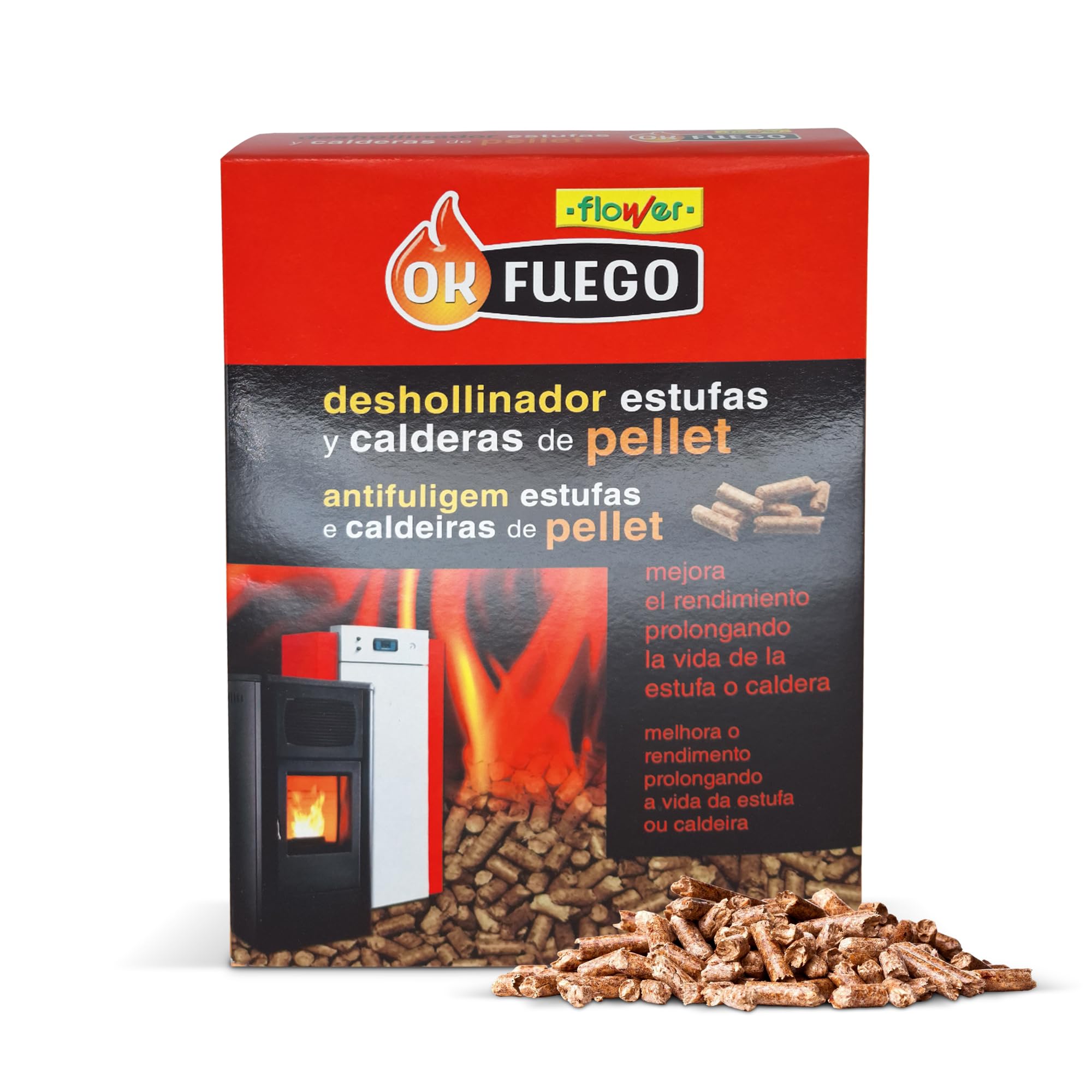 FLOWER Deshollinador Estufas y Calderas de Pellet 4,5 kg | Limpieza Hollín, Alquitrán y Polvo Chimena | Ahorro de Combustible y Mejora Rendimiento | Mayor Vida Útil Estufa
