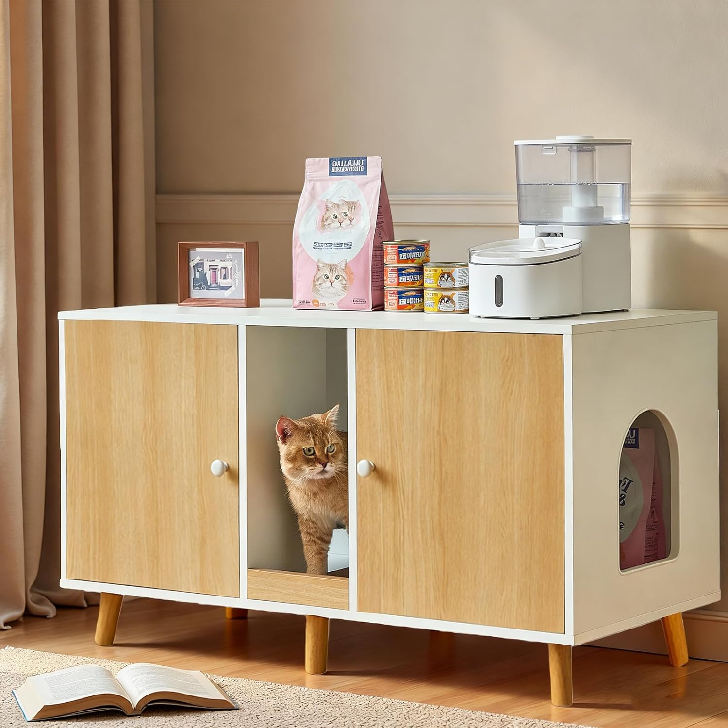 Litter Box Enclosure for 2 Cats, 43" Hidden Cat Litter Box Furniture Cabinet with Scratching Pad and Double Room, Cat House Washroom, Side End Table Modern, Wood