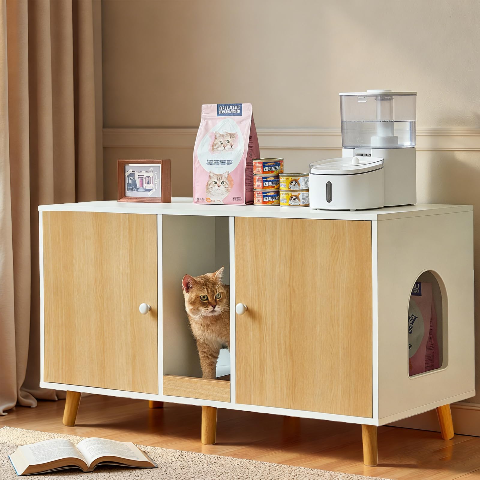 Litter Box Enclosure for 2 Cats, 43" Hidden Cat Litter Box Furniture Cabinet with Scratching Pad and Double Room, Cat House Washroom, Side End Table Modern, Wood