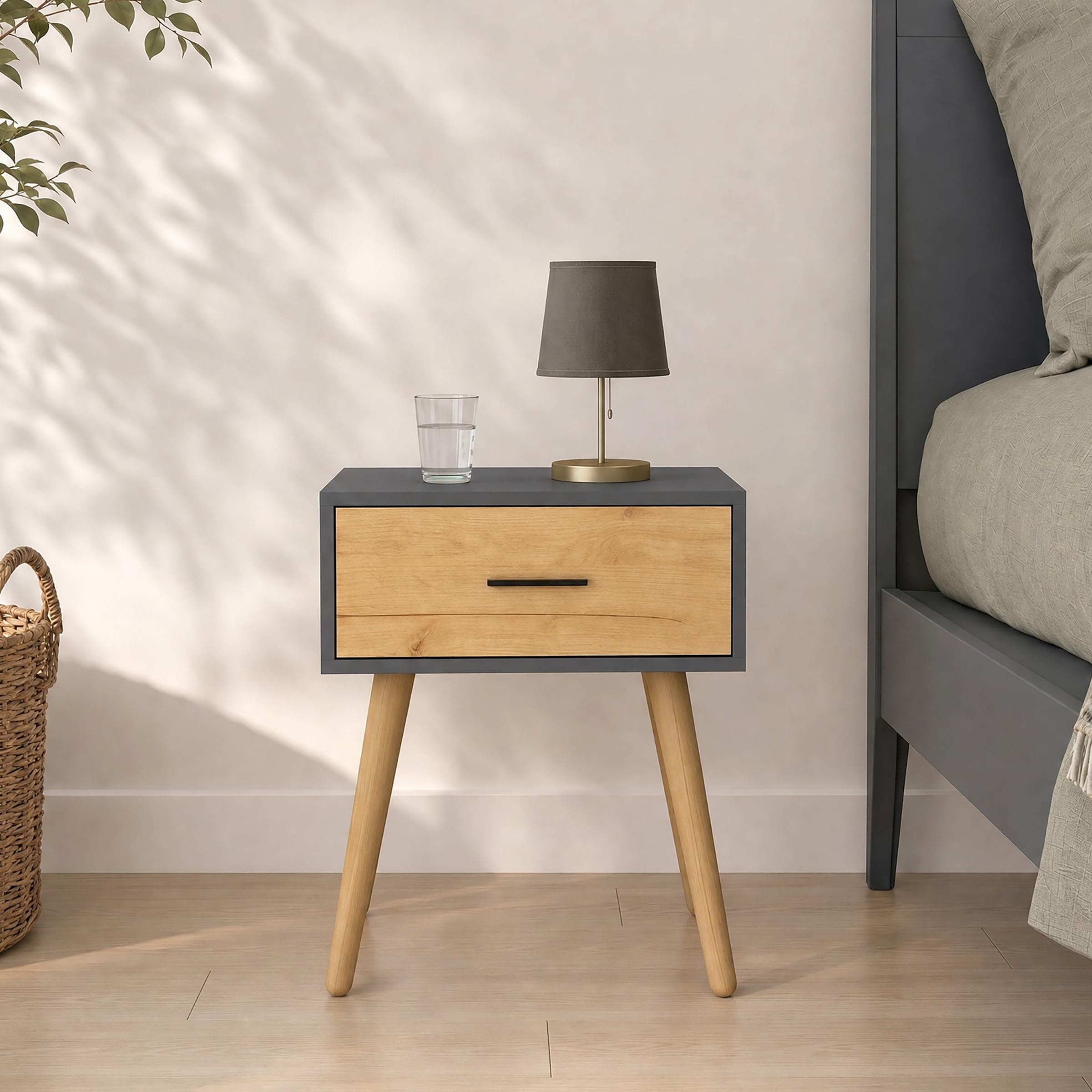 VCM Beistelltisch Nachttisch mit Schublade, 45 x 30 x 56 cm, Holzoptik, modernes Retro-Design - Singol L Anthrazit/Honig-Eiche