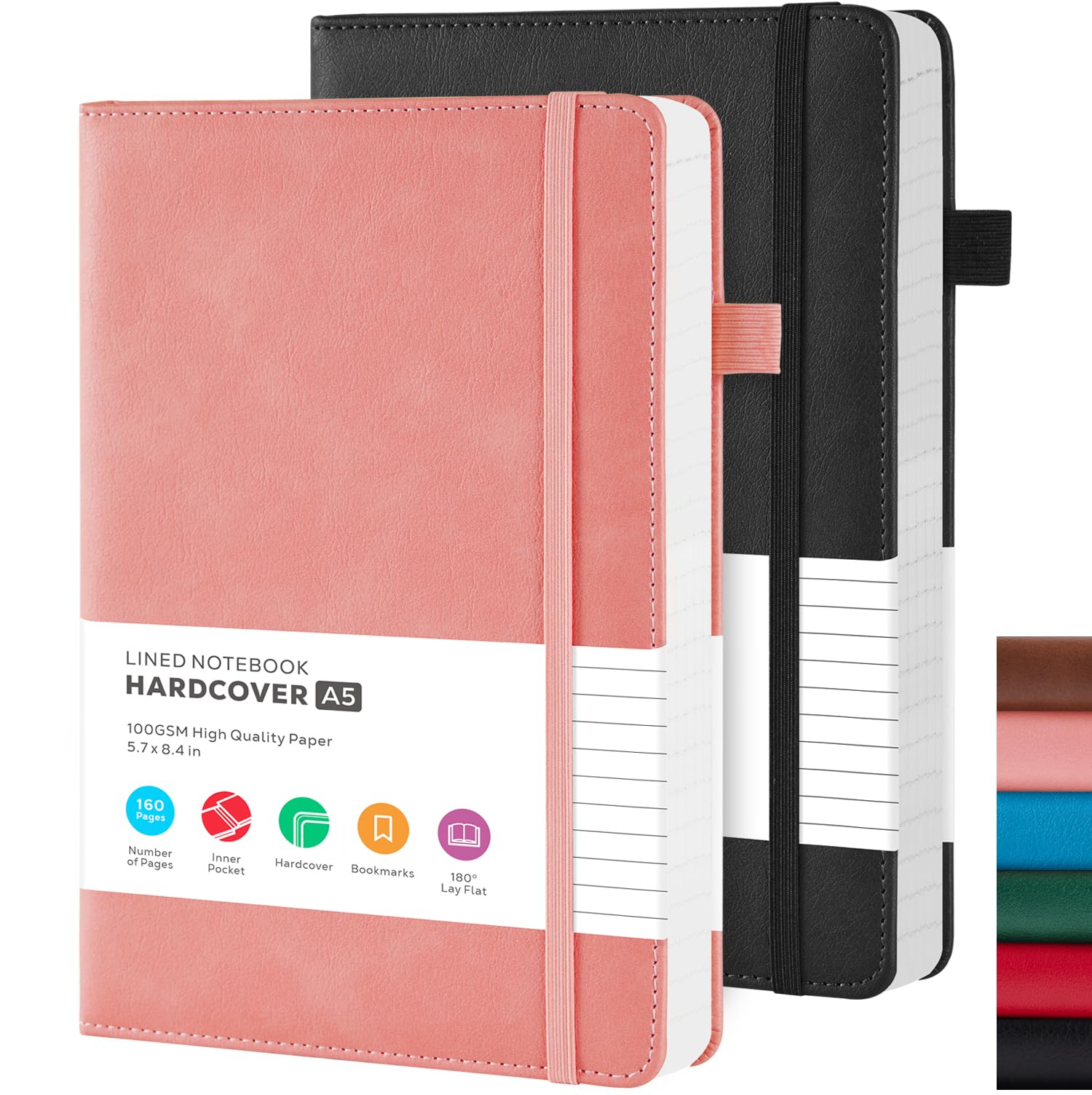 FOCUS DAY A5 Notebook Journal Hardback, 2 Pack Lined Notepad with 100GSM Thick Paper