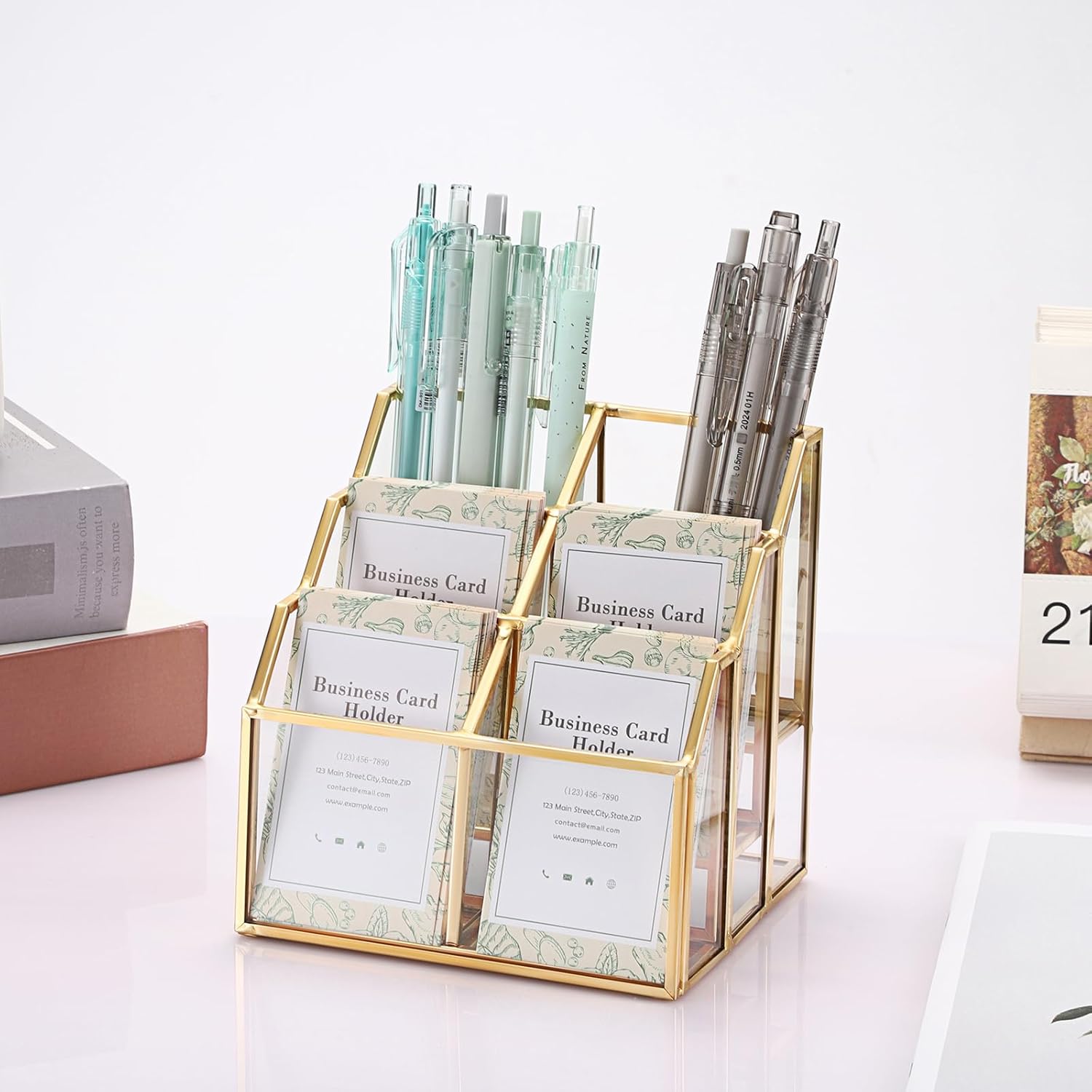 Hipiwe Business Card Display with Mirror Holder Gold Name Card Holder for Office Exhibition Modern Desktop Organizer for Pen Bookmark Card, 3 Layers 6 Slots