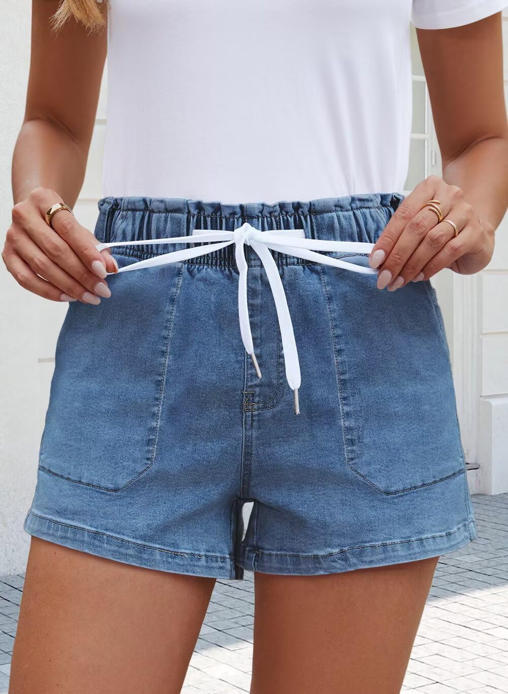 FEKOAFE Womens Stretchy Denim Shorts 2026 Summer Casual Drawstring Elastic Waist Jean Shorts with Pockets(S-XL) - Image 3