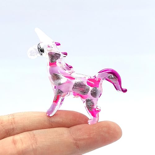 Figuras pequeñas de unicornio, animales de lujo, arte de vidrio soplado a mano, regalo coleccionable para decoración del hogar (rosa y morado)