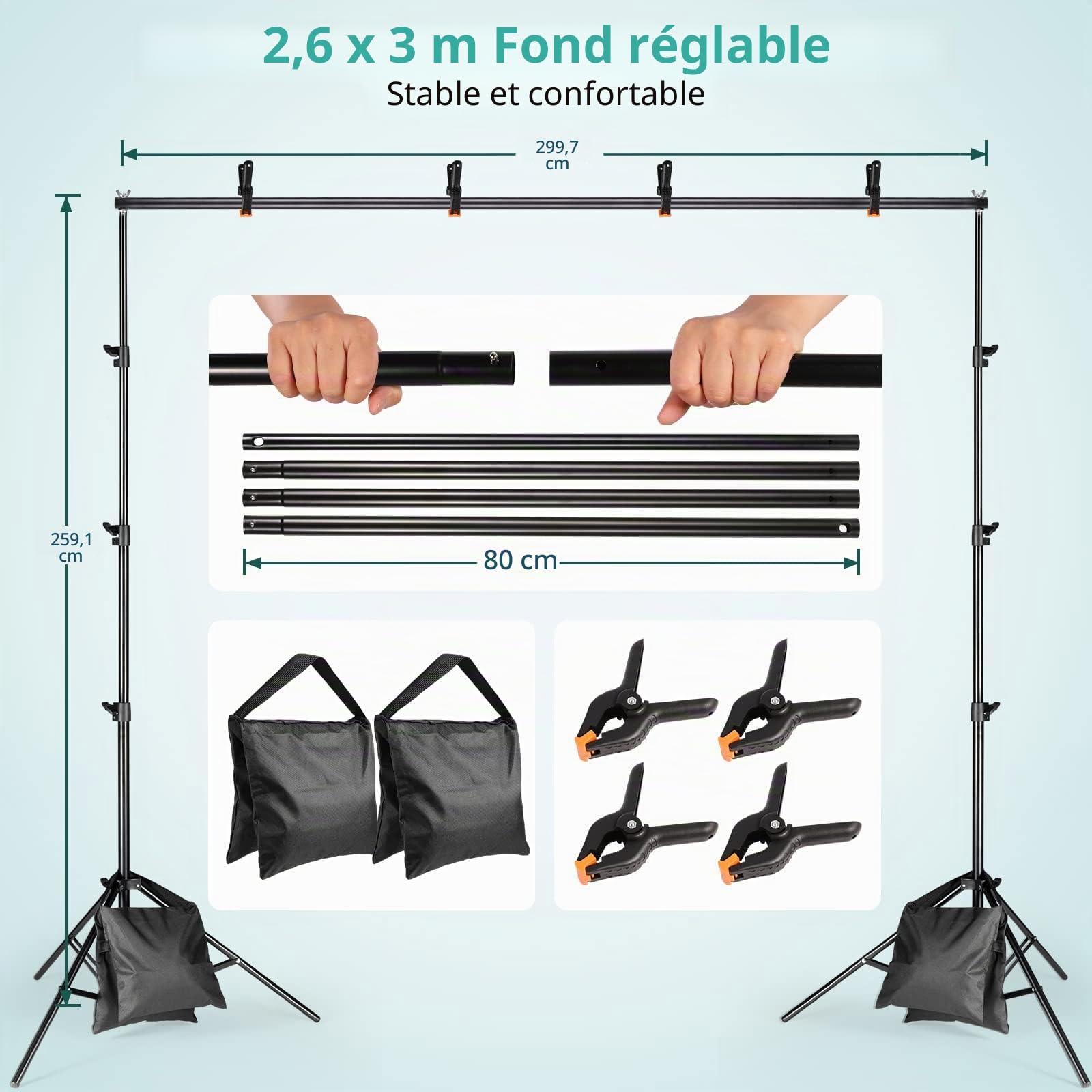 Softbox Kit Studio Photo FGen Coton Vert 2,6 m x 3 m Système de Fond pour Studio Photo avec Lampe Photo CFL 135 W 85 W LED Lampe Photo réflecteur Parapluies Photo Sac de Sable pour vidéo Photographie
