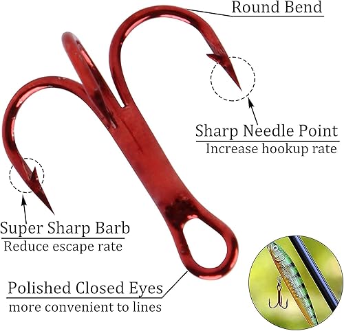 Miniatura 2 de Kit de 100 ganchos agudos de pesca, ganchos agudos rojos afilados, redondos, clásicos, triples, ganchos de pesca de acero de alto carbono, ganchos