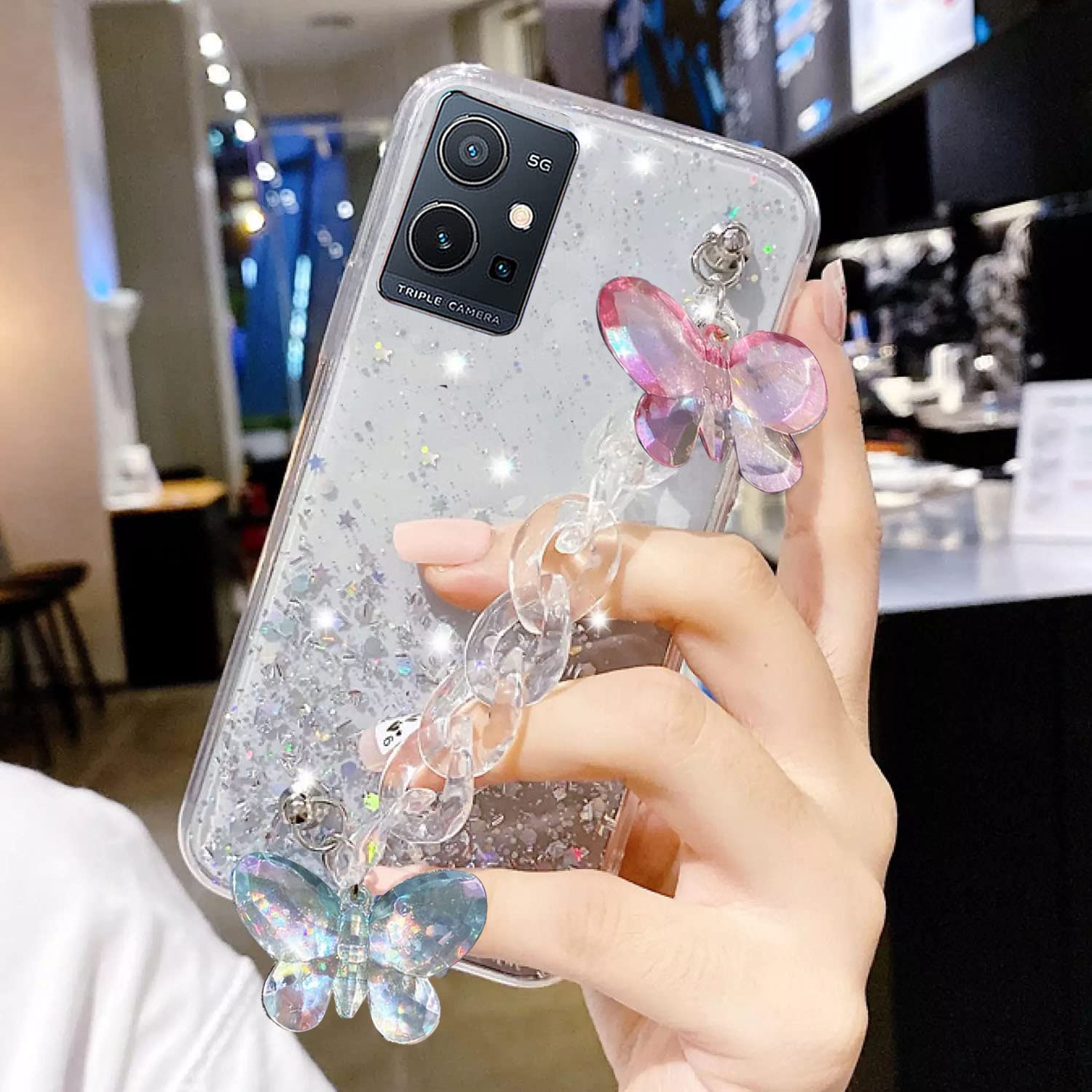 KC Back Cover for Vivo T1 5G, Vivo Y75 5G & Vivo Y55 5G 5G, Non Moving Dry Fixed Glitter Luxury Shiny Butterfly Wrist Bracelet Chain Holder Soft Silicone Case (Transparent) (B0B3XG7Q4L) Amazon Price History, Amazon Price Tracker