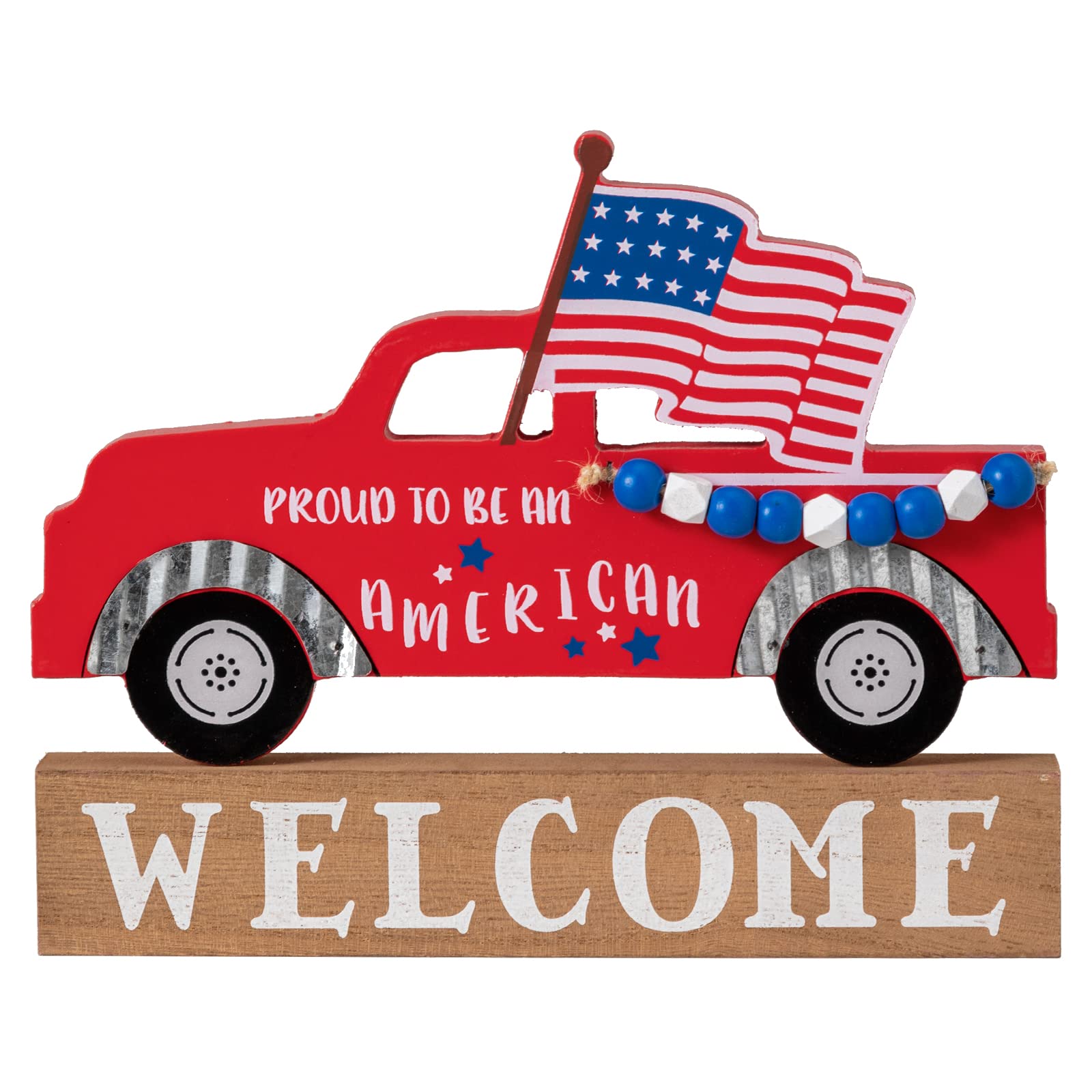 Photo 1 of 4th of July Decorations, DECSPAS Large Size Red Truck American Flag Ornaments Fourth of July Decorations for Home, PROUD TO BE AN AMERICAN WELCOME Sign Patriotic Decor for Table, Mantle