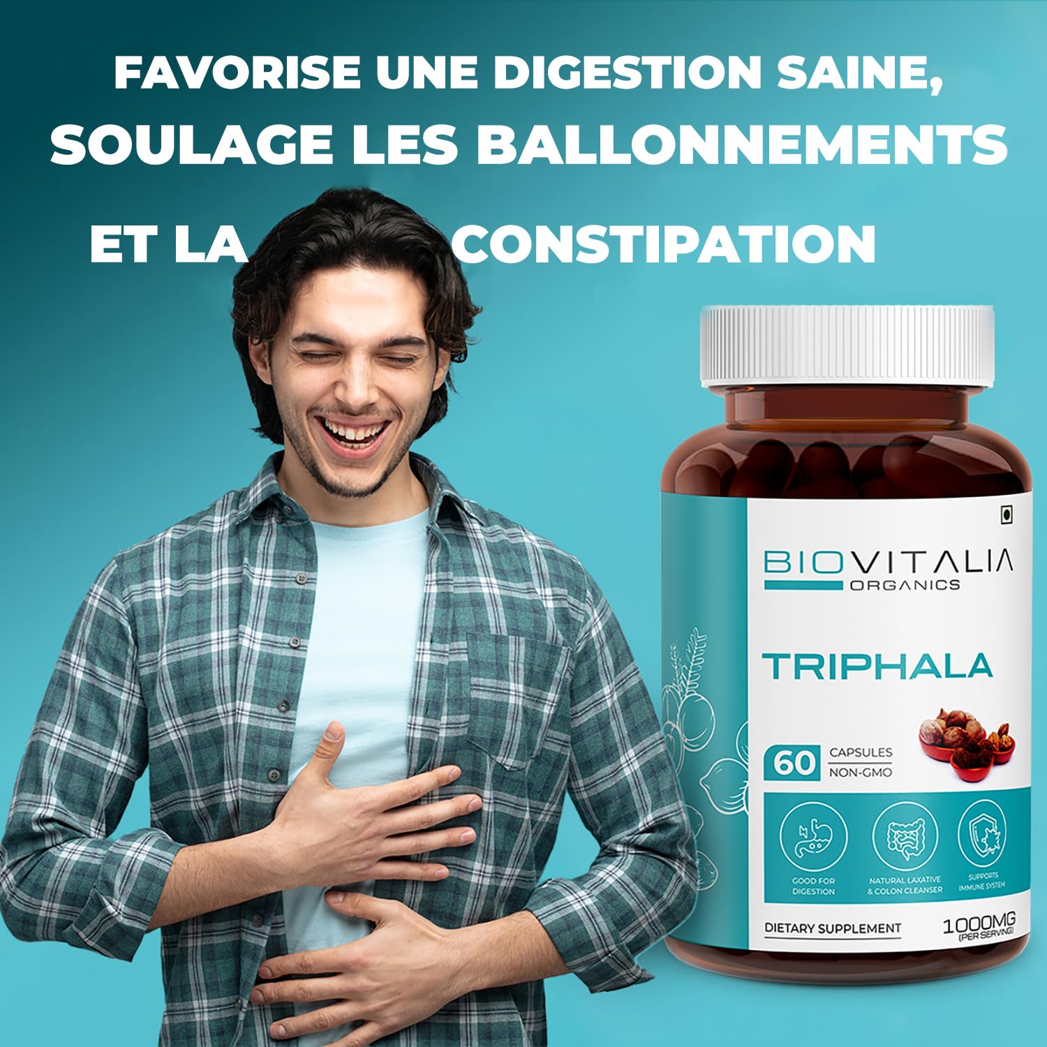 Complément alimentaire Triphala 1000 mg | Favorise la digestion | Soutient le système immunitaire | 60 capsules végétaliennes | Paquet de 1