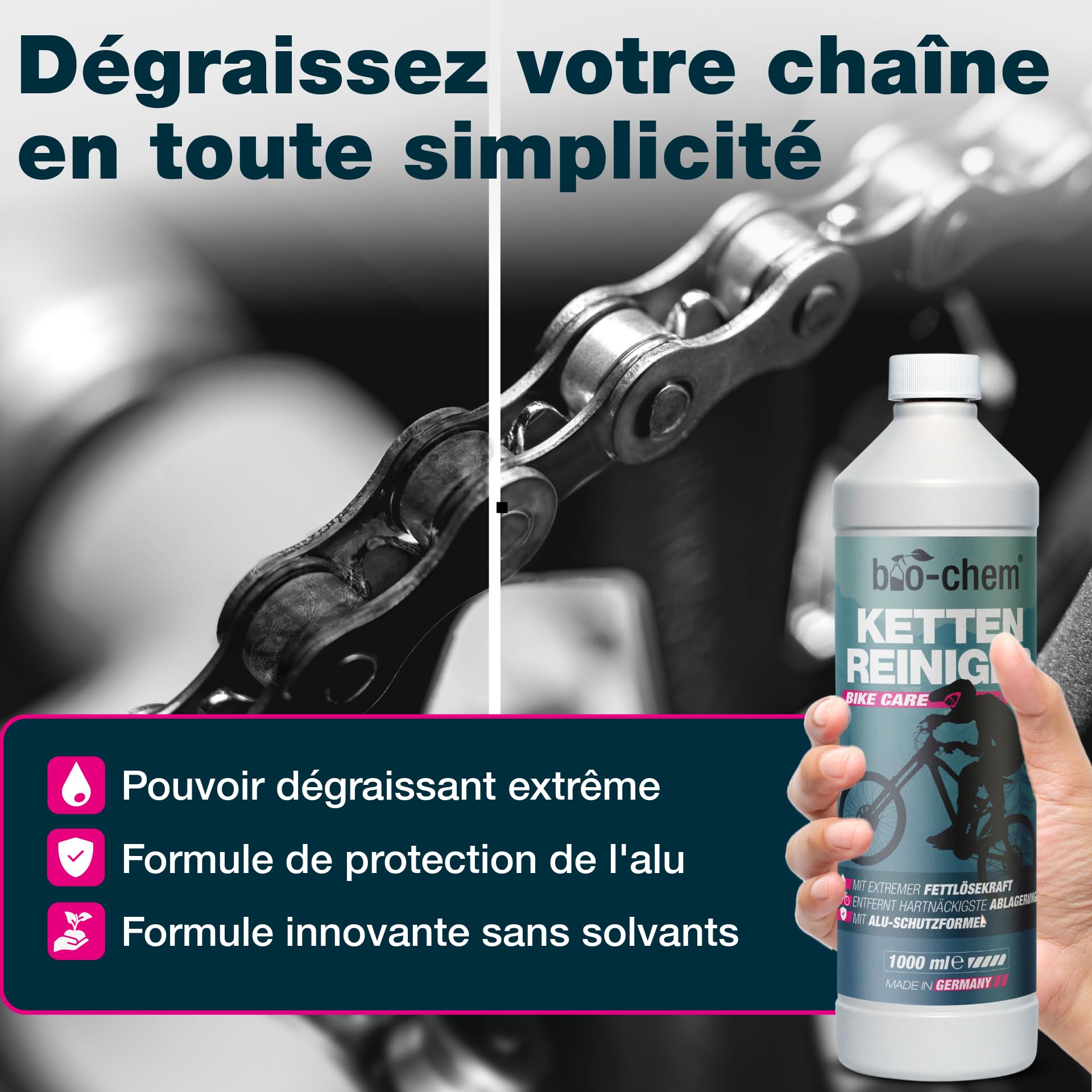 bio-chem Système de cire pour chaînes 7 produits pour vélos | Dégraissant vtt 1L - Cire pour chaine de vélo 100ml - Shaker + chiffon microfibres + set 3 brosses de nettoyage