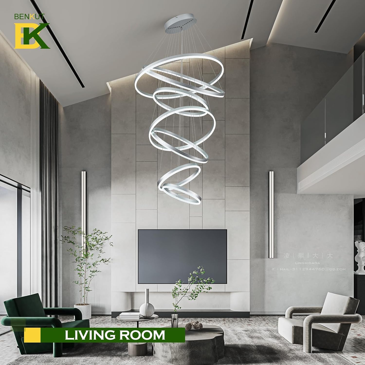 Benkut 7 Rings Modern LED Chandelier Silver Dimmable Large Foyer Chandeliers Entryway High Ceiling for Staircase, High Ceiling Pendant Lights for Entryway Living Room, 3000K-6500K CCT