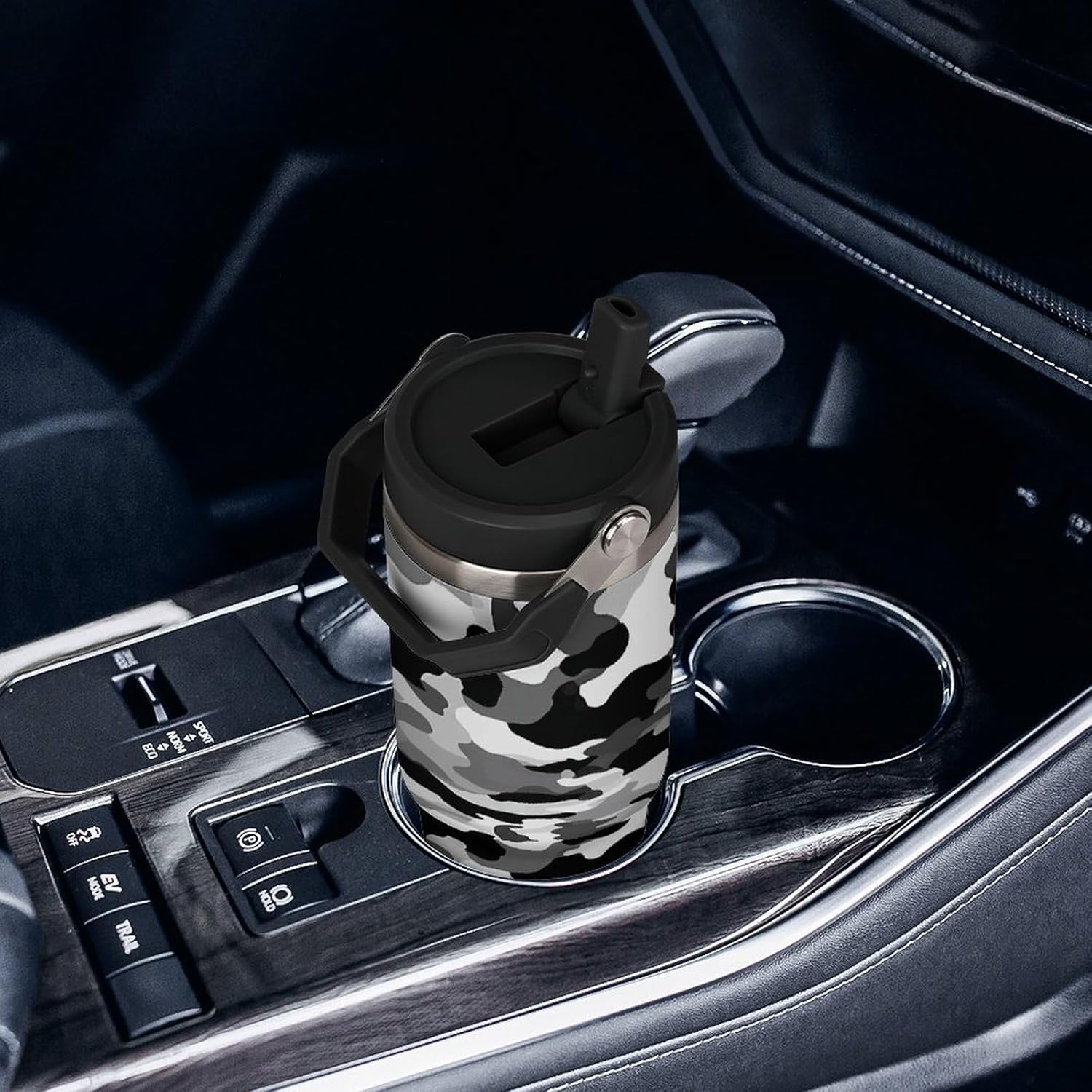 Black Grey White Camo Water Bottle 30 Oz Fits Car Cup Holder,Insulated Coffee Mug Large Capacity Car Cups,Stainless Steel Double Wall Sport Bottle for Travel Sports Gym