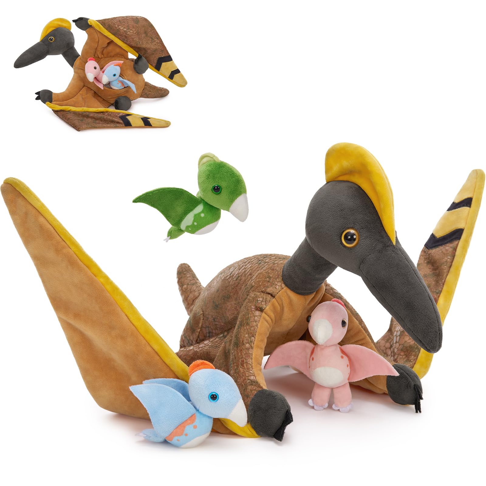 MorisMos Big Pterosaur Soft Toy, 95cm Mom with 3 Cuddly Baby, Lifelike Pterosaur Teddy Stuffed Animal Plush Toy, for Kids, Children, Wild Animals Lovers โ image 1