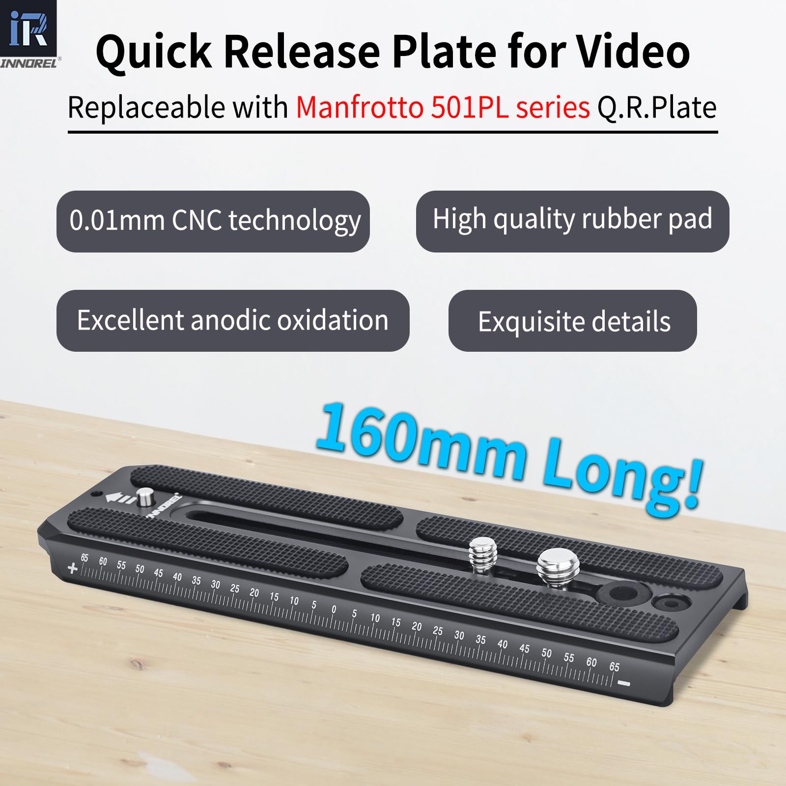 Piastra A Sgancio Rapido INNOREL QV160 Da 160 Mm: Compatibile Manfrotto 501PL, Con Viti 1/4'' E 3/8'', In Alluminio Aeronautico, Antiscivolo E Anti-caduta - 2