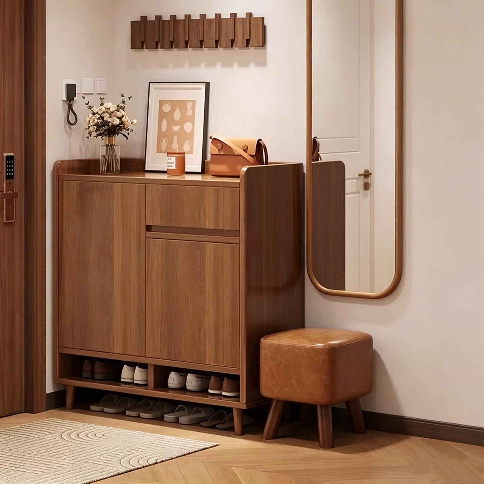 Armadio Scarpiera Legno 4 Livelli Cassetto, Ripiani Regolabili