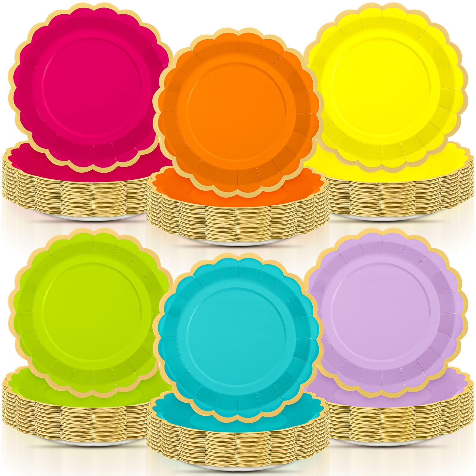 96 Pcs Sage Paper Plates 9 Inch Scalloped Neon Colorful