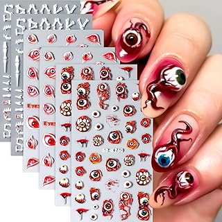 Evil Eye Nail Stickers, 6 Sheets Embossed Halloween Nail Stickers Decals, 5D Self-Adhesive Skull Bones Skeleton Nail Art Supplies Manicure Accessories for Women Girls Nails Decoration