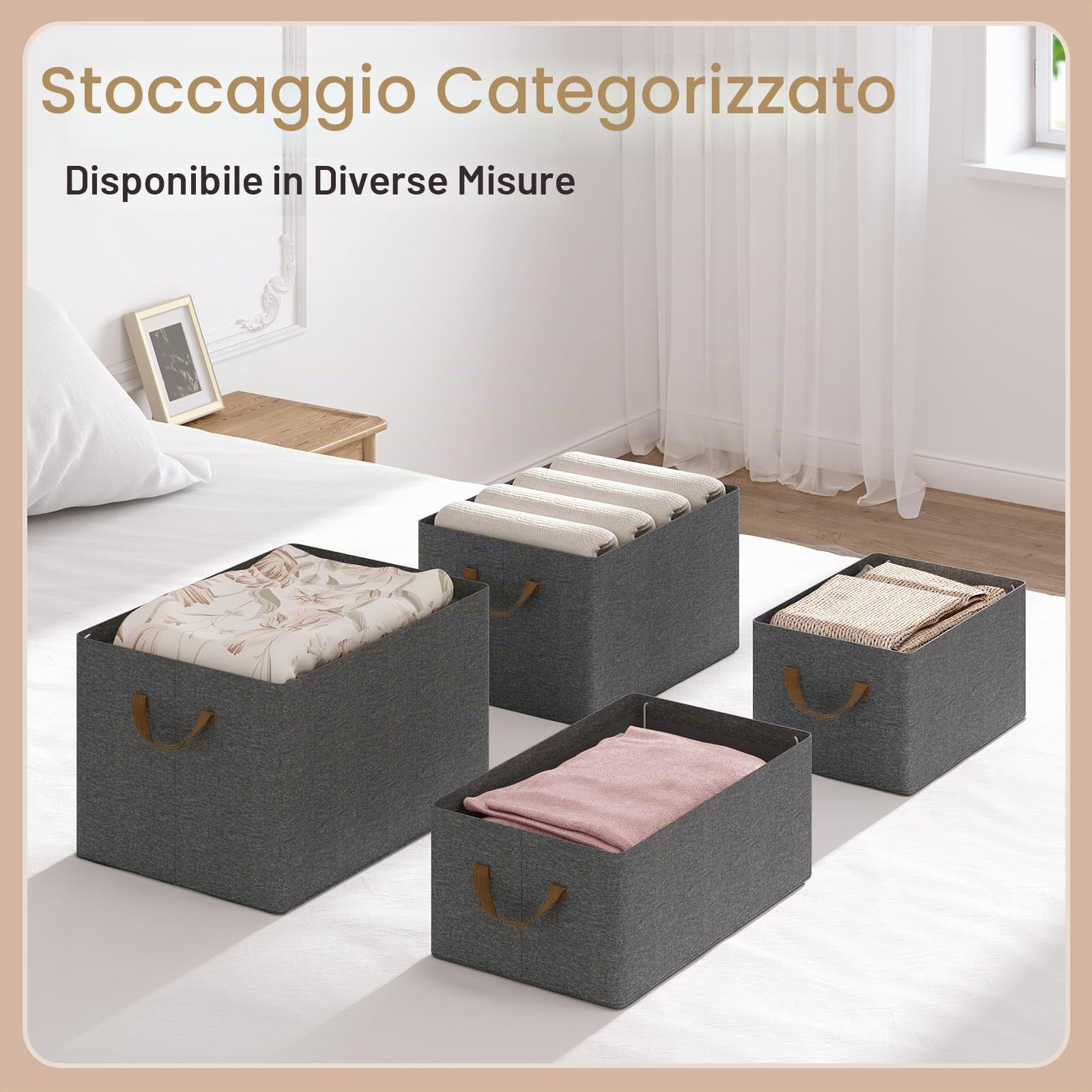WOLTU Set di 5 Scatole Portaoggetti Pieghevoli, Scatole Portaoggetti Pieghevoli in Tessuto con Manici, per Vestiti e Giocattoli, Grigio, 42x32x26 cm