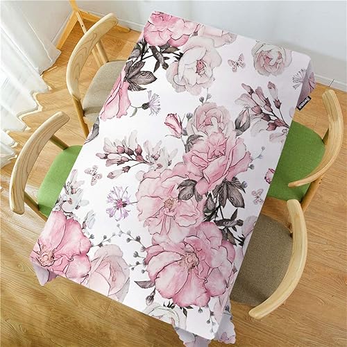 Miniatura 2 de Swono Mantel rectangular de 52 x 70 pulgadas, diseño de rosas y hojas de acuarela, resistente para mesas rectangulares, mantel decorativo para