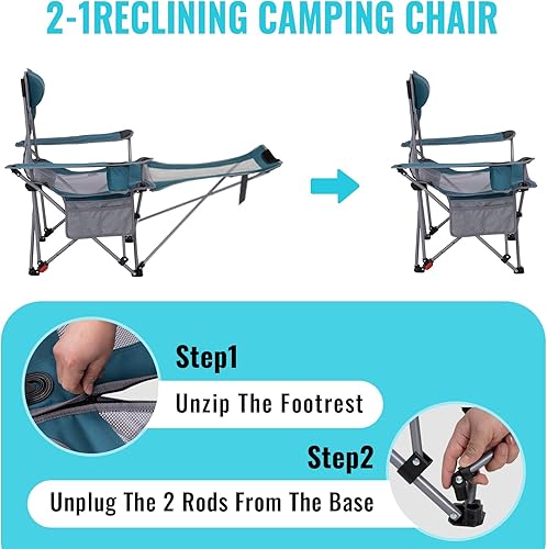 Miniatura 4 de #WEJOY Silla de camping reclinable 2 en 1 con reposapiés para adultos, silla plegable con respaldo ajustable, sillas de campamento ligeras, sillas