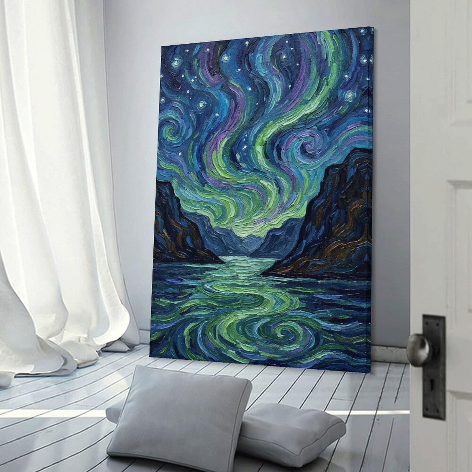 Junmoney Frame-Style-20 Aurora Borealis Over Mountains And Water Room Decor Wall Art, 20X30inch(50X75cm), For Hallway, Lounge Or Guest Room, Gift Idea For Housewarming And Birthdays