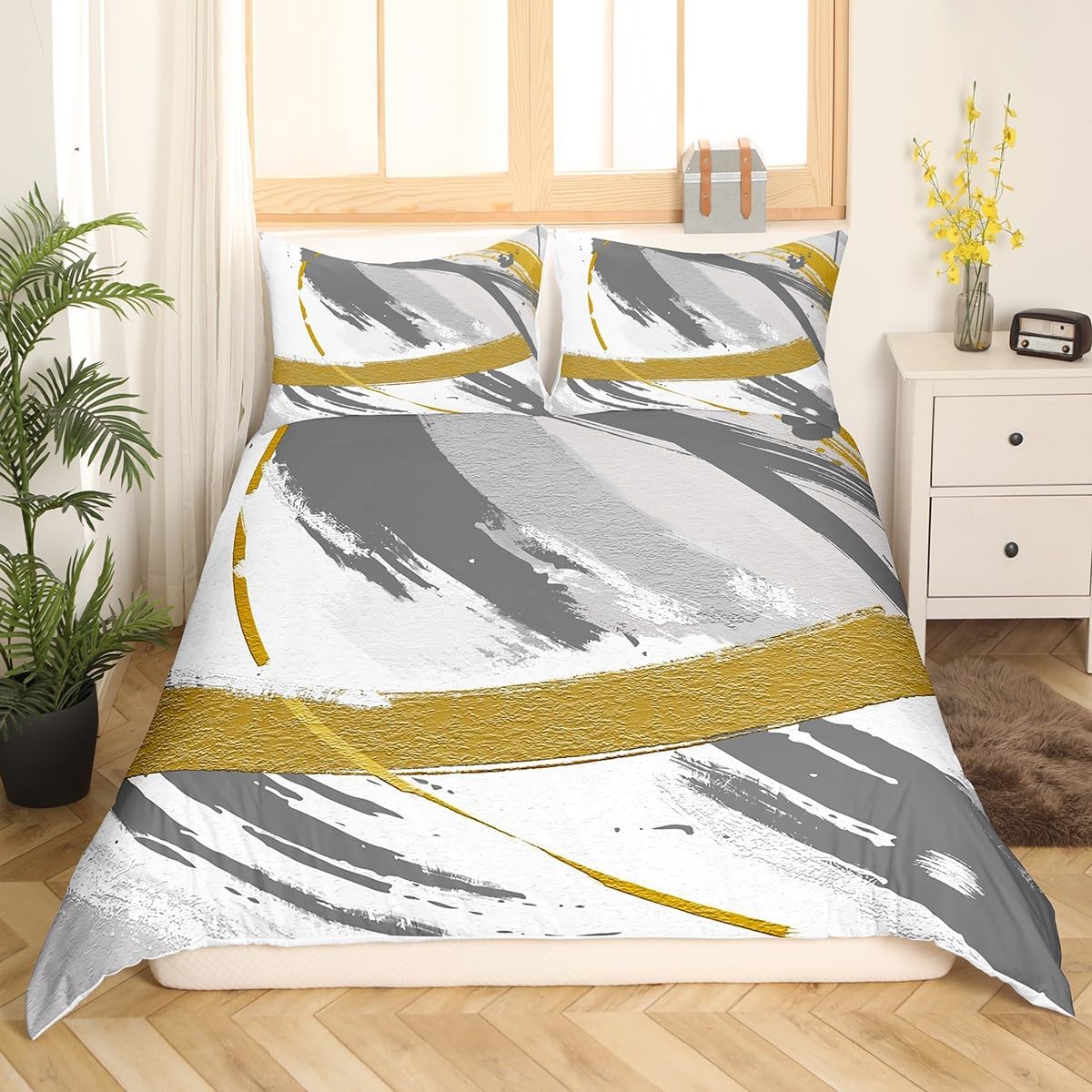 Erosebridal Grey Beige Gray Bedding Full Size Brush Strokes Oil Painting Comforter Cover, Gradient Abstract Vintage Bed Set Ombre Graffiti Duvet Cover, Contemporary Modern Quilt Cover (Zipper Closure)