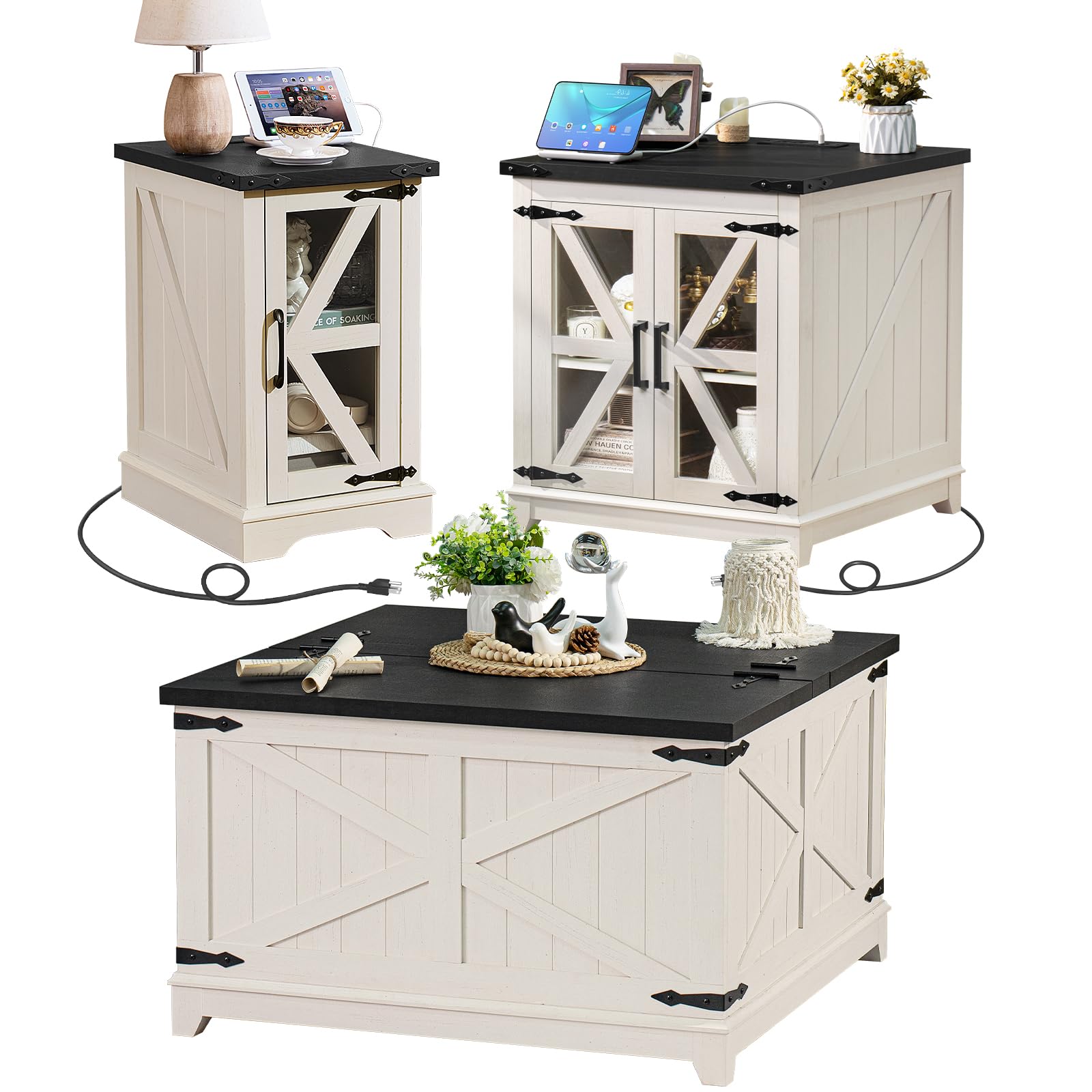 Farmhouse Coffee Table Sets 3 Pieces Narrow Night Stand with Glass Barn Door Storage Large Coffee Tables with