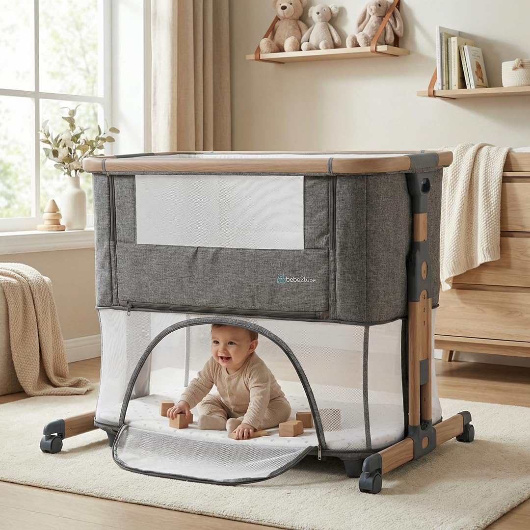 bebe2luxe Leo 3 en 1 – Cuna colecho Regulable en Altura, Cama de bebé Segura y Parque Infantil Modular, Desde Nacimiento hasta 36 Meses – Gris