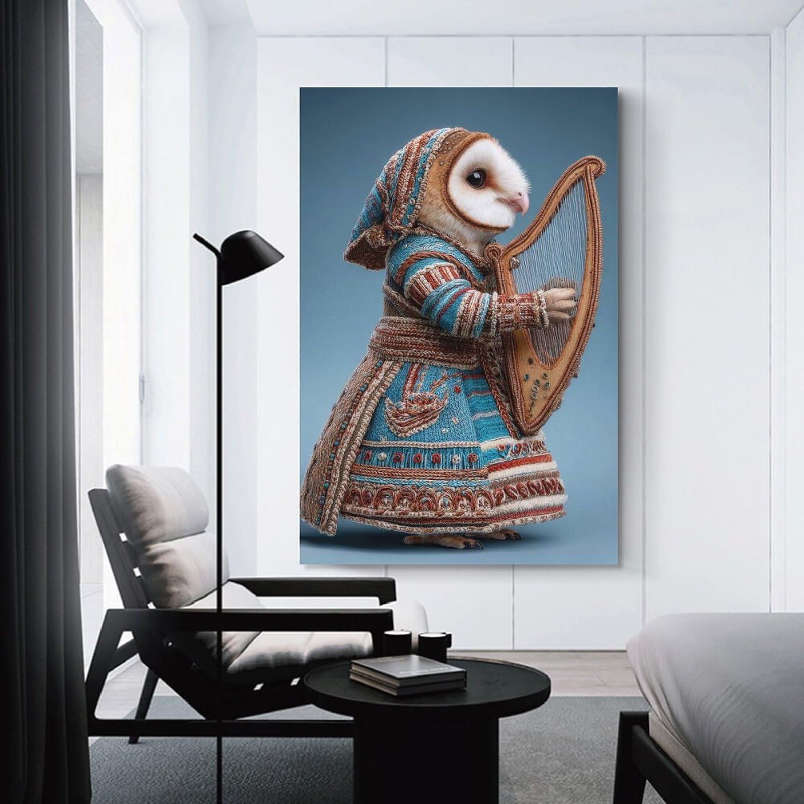 Junmoney Anthropomorphic Owl Playing Harp in Knitted Outfit Hanging Wall Art 16x24inch(40x60cm), for Study, Office Or Focused Interiors, Wall Art That Adds Style to Work Areas