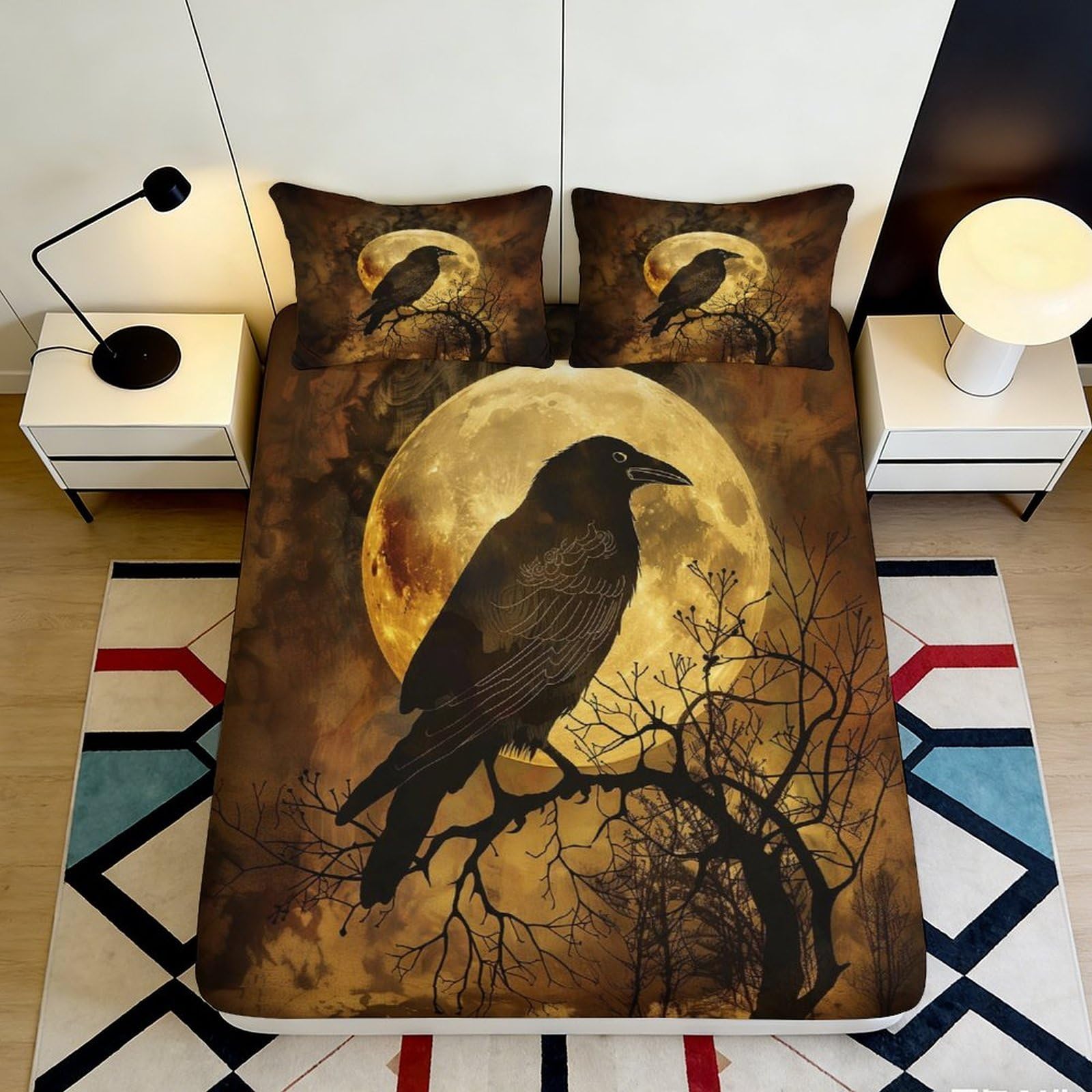3D Printed Raven Moon Fitted Sheet Microfiber Soft Breathable Gothic Night Bed Cover for Bedroom Dorm Decor 90x200x25cm