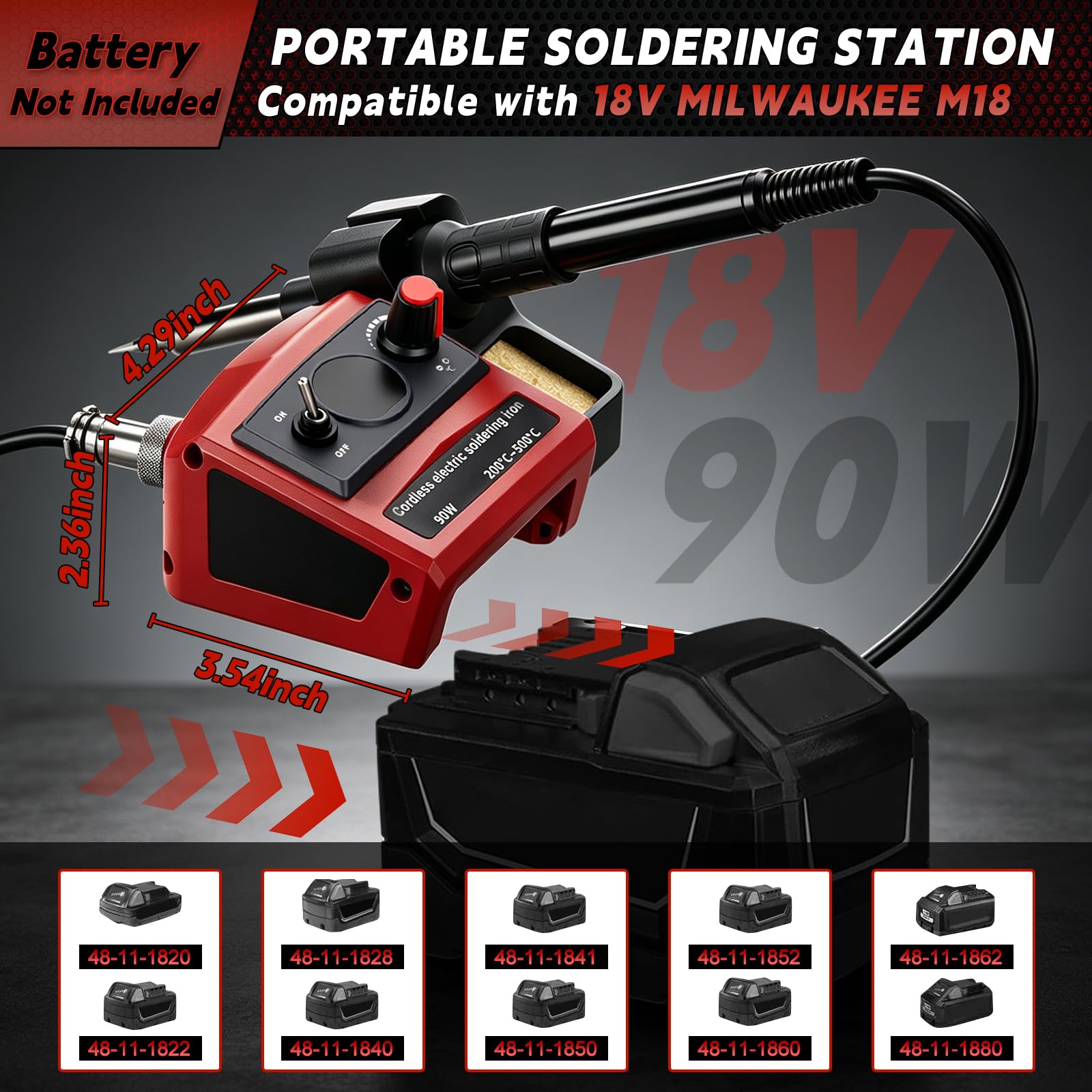 Estación de Soldadura a Batería para Milwaukee 18V (sin Batería) | 90W, Kit de Soldador, Temperatura 200–500°C, Pantalla LCD, 5 Puntas, Bobina de Hilo, para Bricolaje