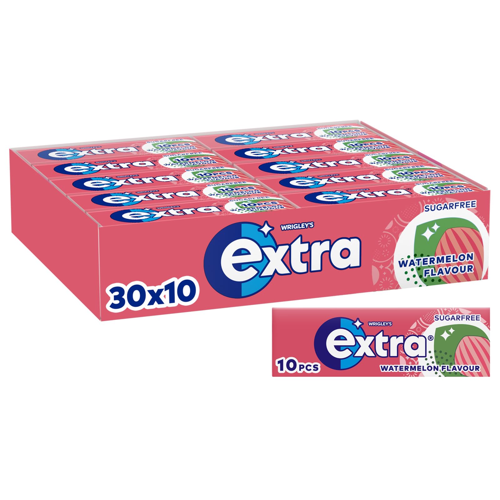Wrigley's Extra Chewing Gum, Watermelon Flavour , 30 Packs of 10 Pieces, Sugar Free Chewing Gum Bulk Pack with Xylitol (300 pieces)