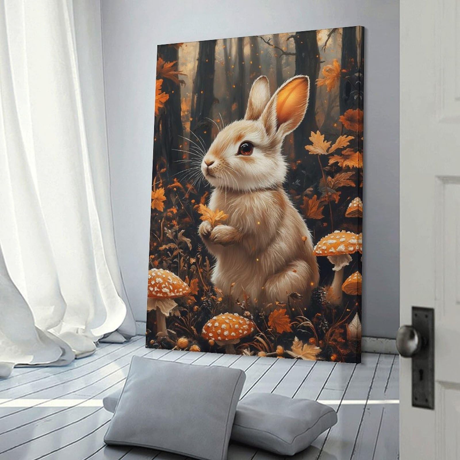 Junmoney Frame-Style-3-1 Autumnal Rabbit With Mushrooms Wall Picture Print 08X12inch(20X30cm), For Lounge Decor, Offices Or Entryway Styling, A Flexible Wall Accent For Shared Spaces