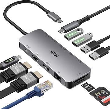 ICZI USB C Docking Station Dual HDMI 11 IN 1 USB Hub 2 HDMI, Gigabit Ethernet, 5X USB C/USB A Ports, PD 100W Fast Charging, SD/TF Card Reader